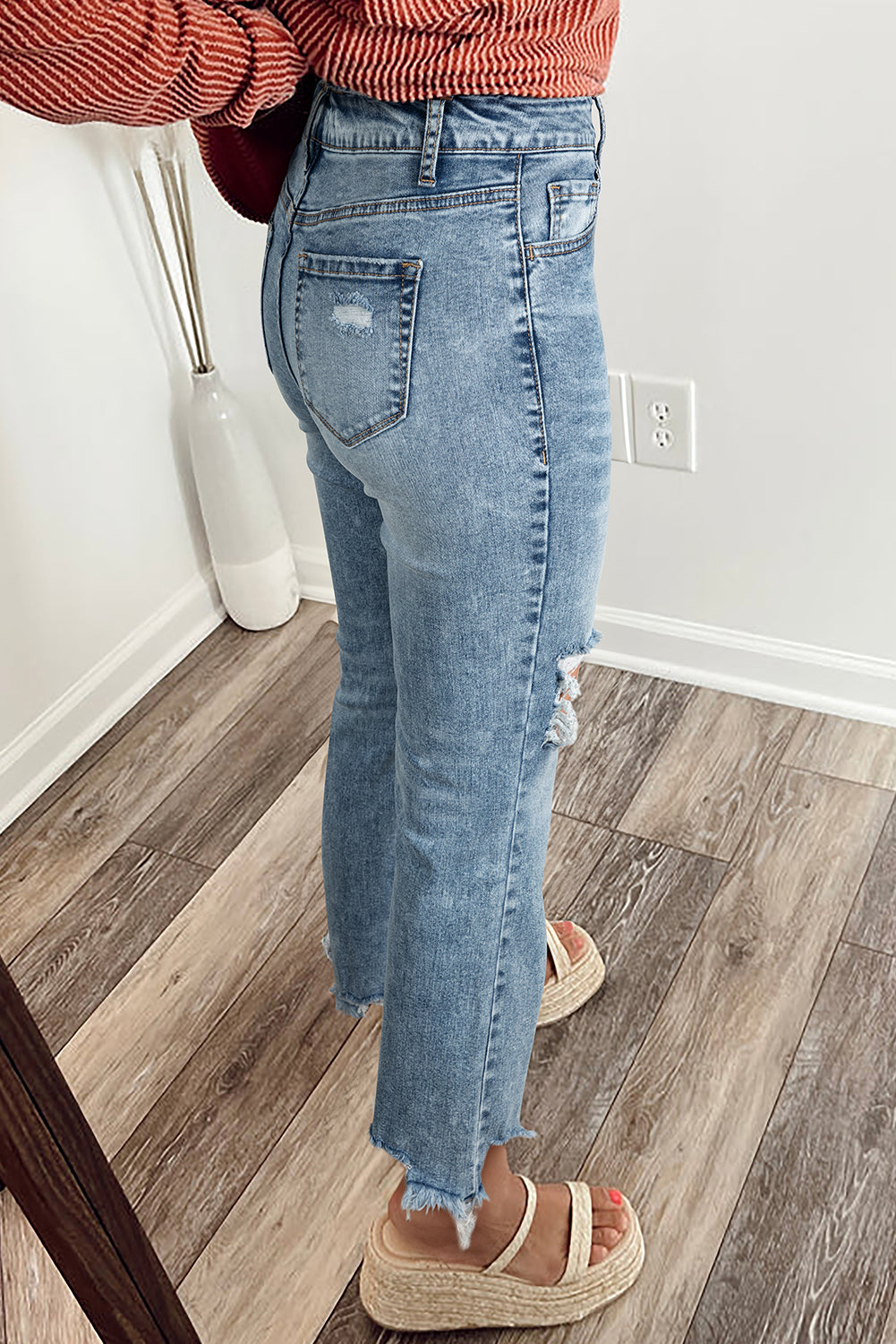 Myosotis Raw Hem Ripped Knee Fit Flare Jeans Women UK 4-16