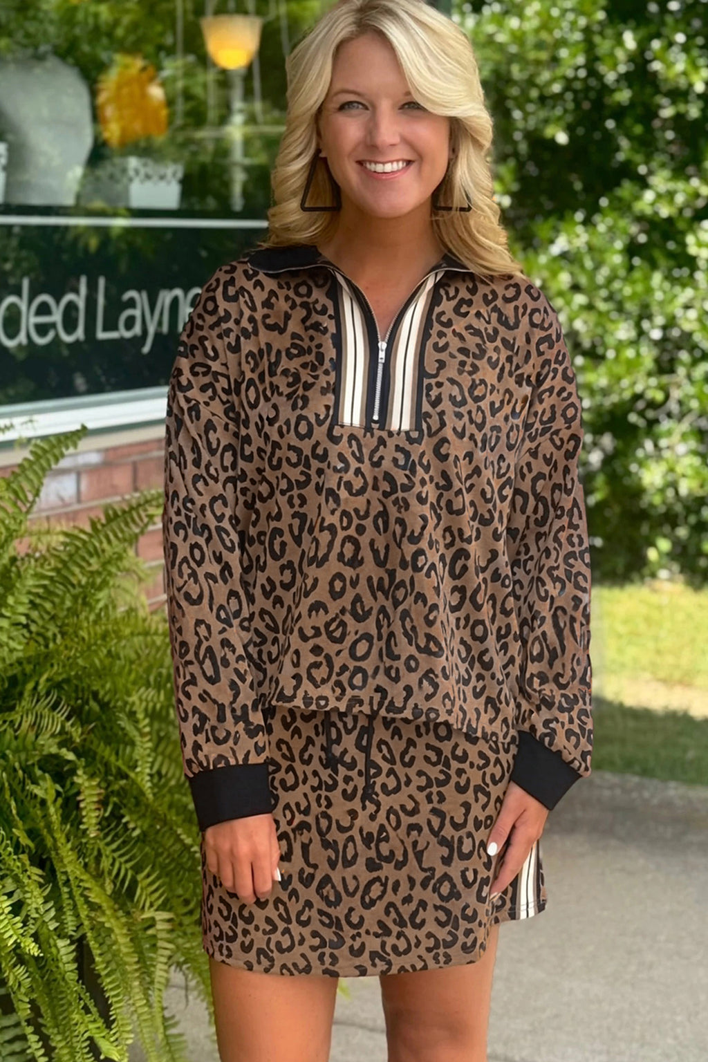 LivelyLooks Khaki Leopard Print Quarter Zip Top & Mini Skirt Set Women's S-XL women's fashion