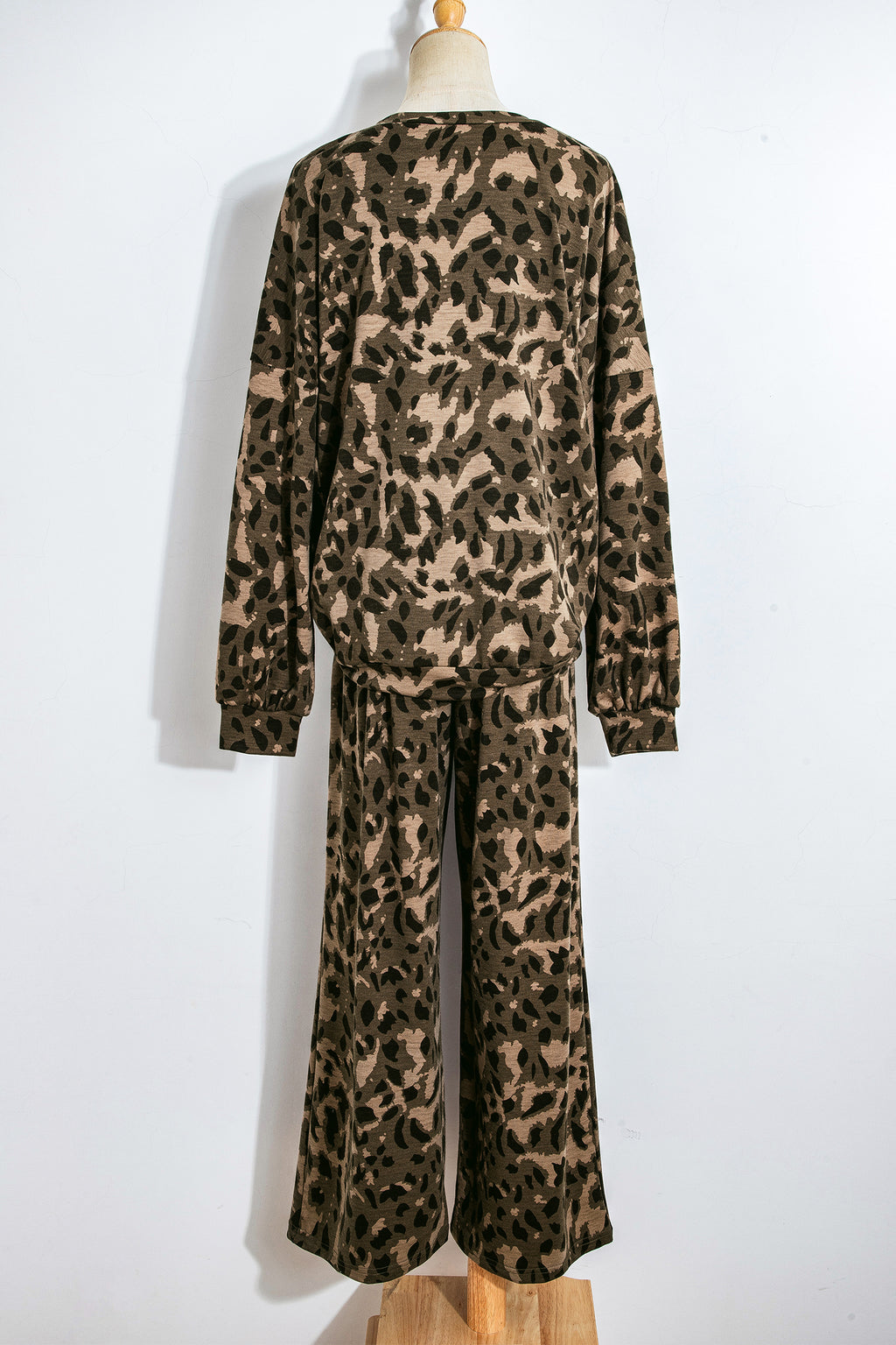 Leopard Print Raw Seam Pullover & Wide Leg Pant Set | Brown & Grey