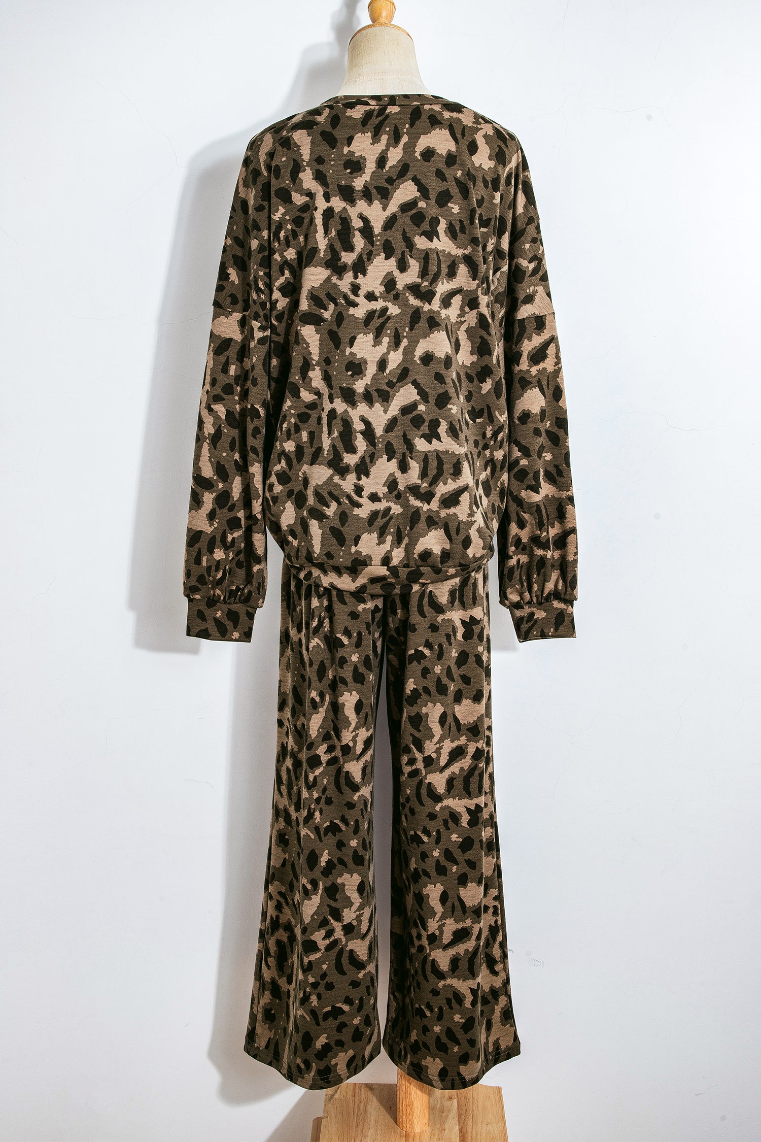 Leopard Print Raw Seam Pullover & Wide Leg Pant Set | Brown & Grey