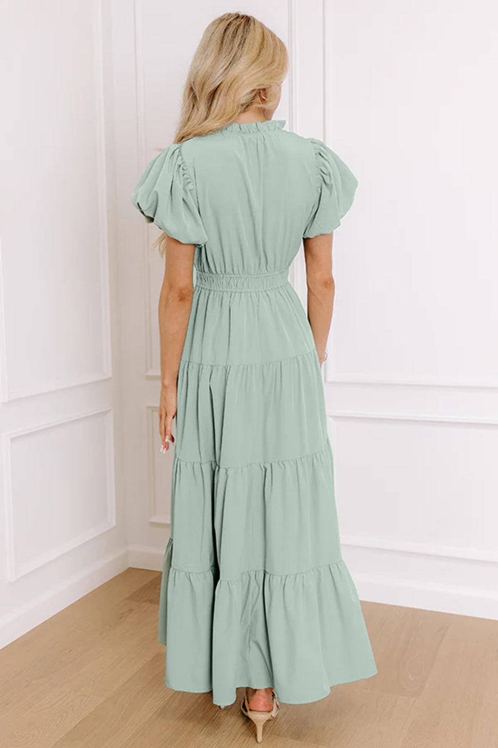 Women's Solid Colour V Neck Puff Sleeve High Waist Tiered Maxi Dress | S-XL at LivelyLooks