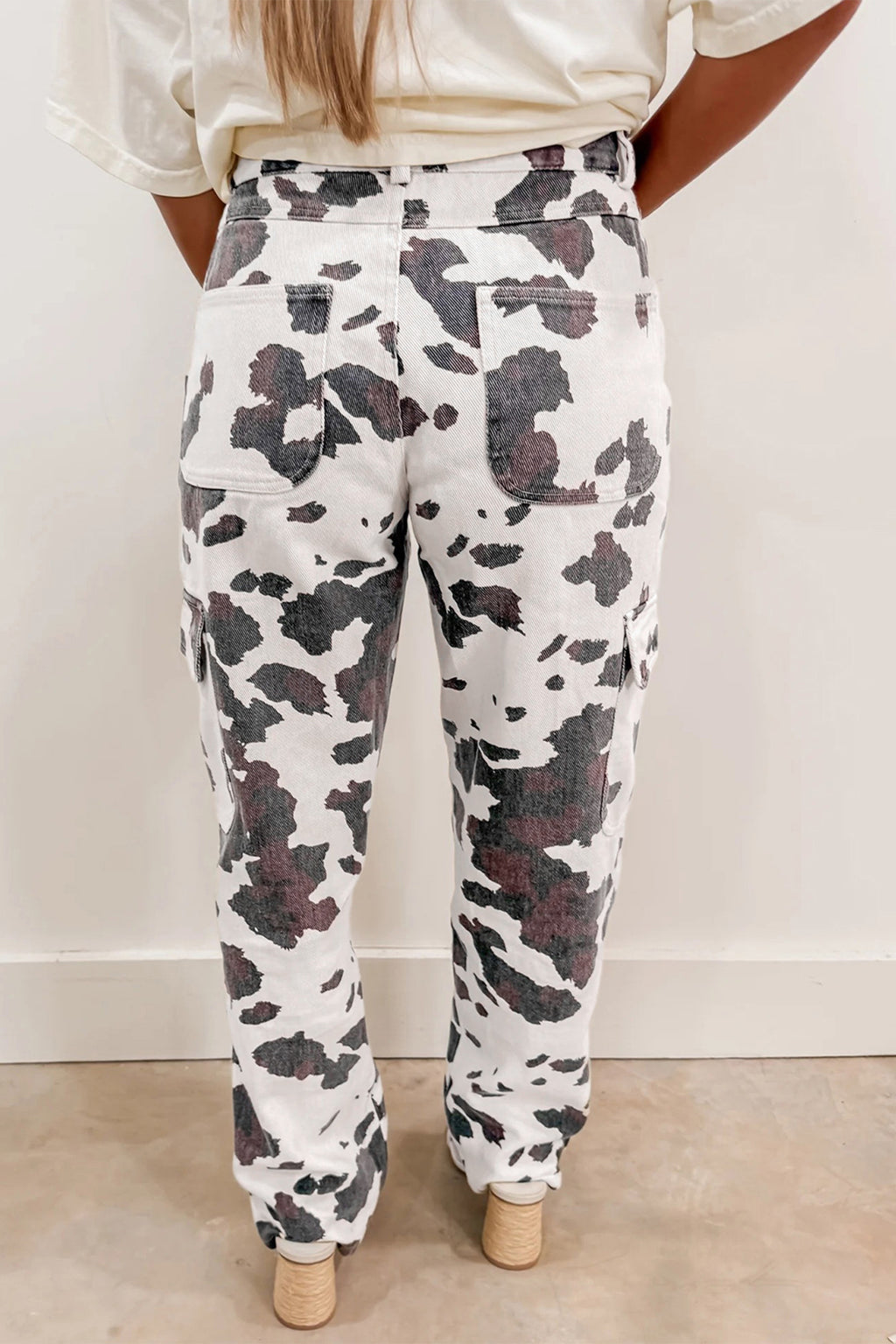 Brown Cow Print High Rise Barrel Leg Multi-Pocket Jeans