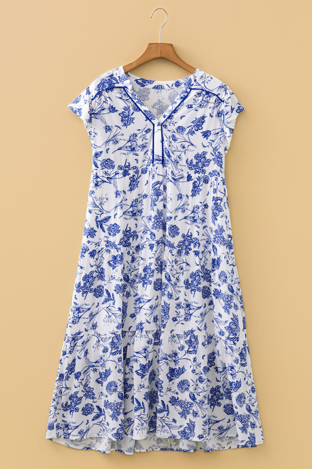 Women's Blue Ruffled Short Sleeve Tiered Floral Midi Dress at LivelyLooks