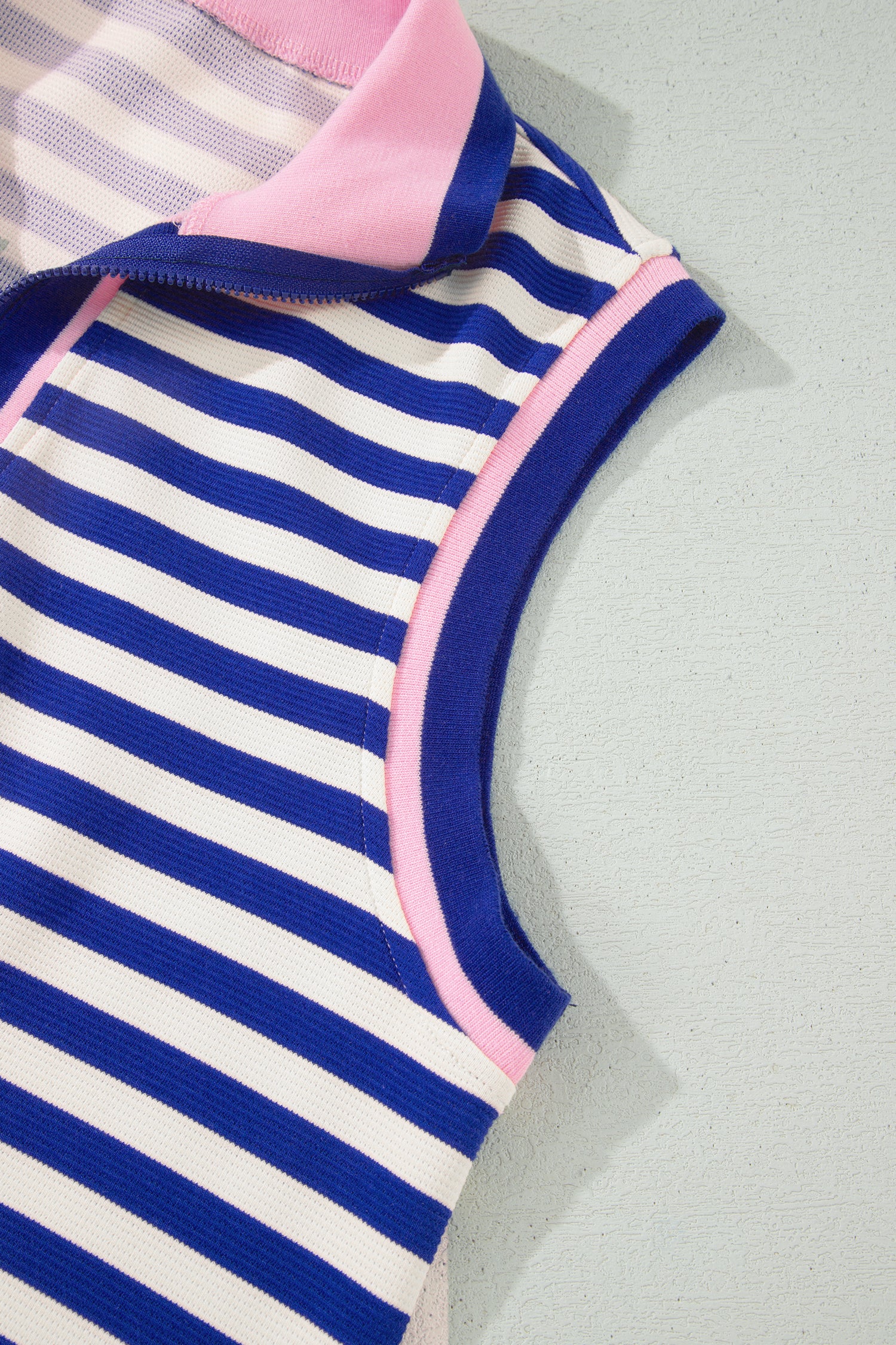 Women's Dark Blue Textured Stripe Contrast Trim Zip Collar Sleeveless 2-Piece Skort Set at LivelyLooks