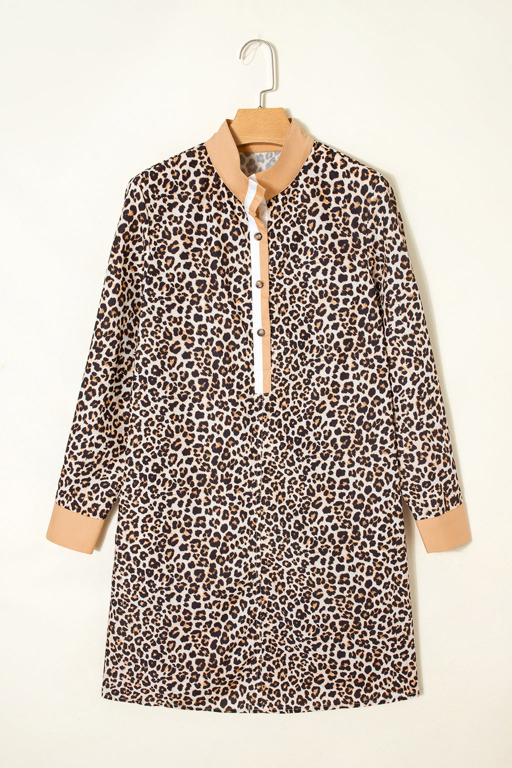 Women's Khaki Button Striped Collar Leopard Print Long Sleeve Flared Dress at LivelyLooks