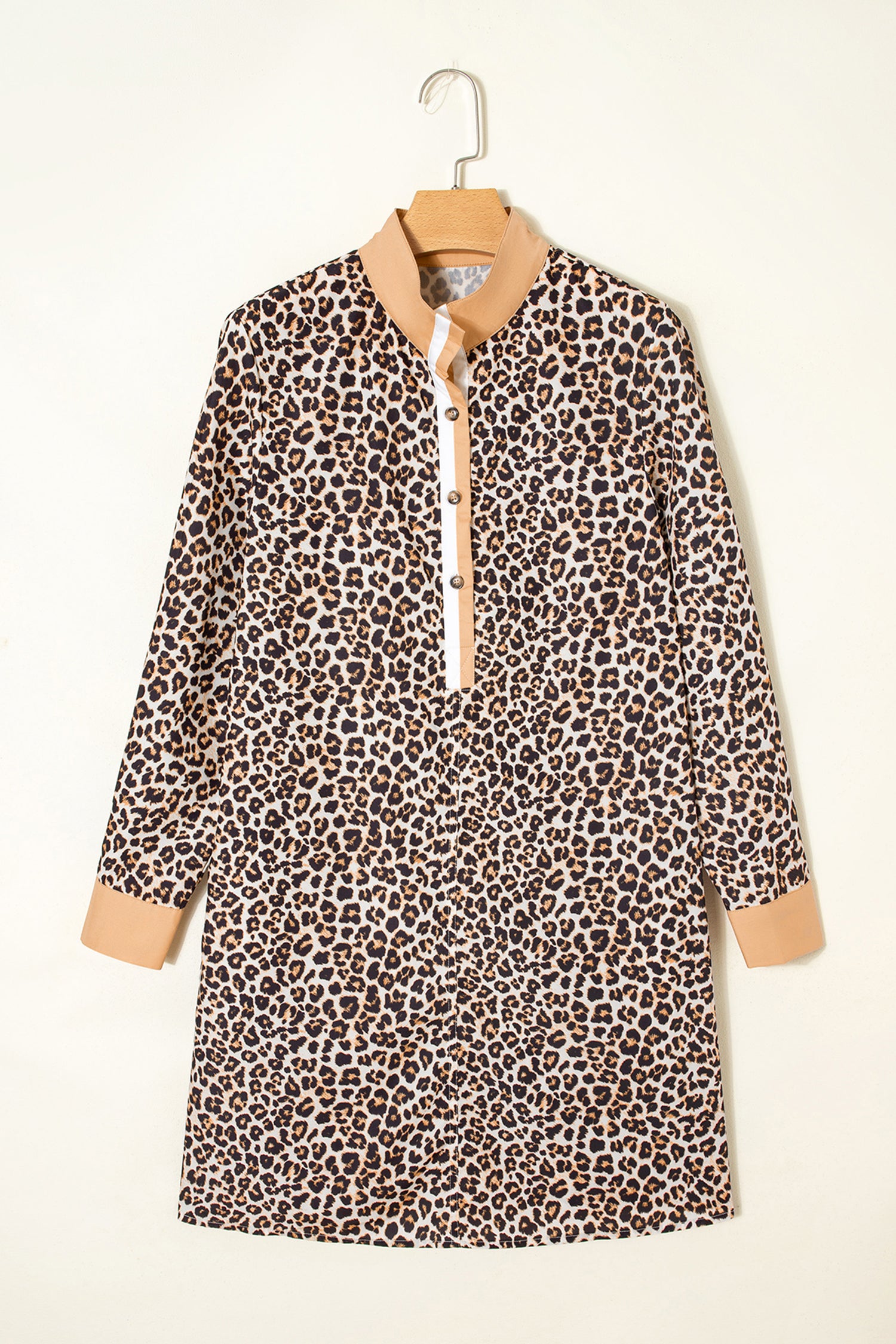 Women's Khaki Button Striped Collar Leopard Print Long Sleeve Flared Dress at LivelyLooks