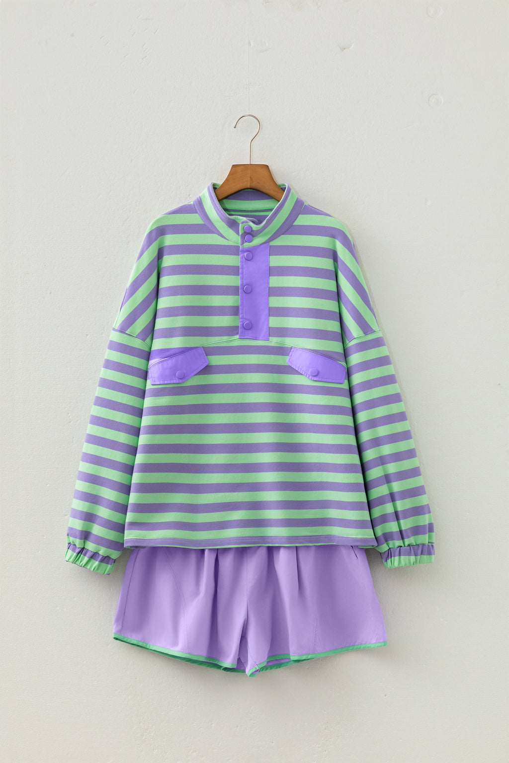 Purple Stripe Half Button Long Sleeve Top & Mix and Match Shorts Set | UK 8–16