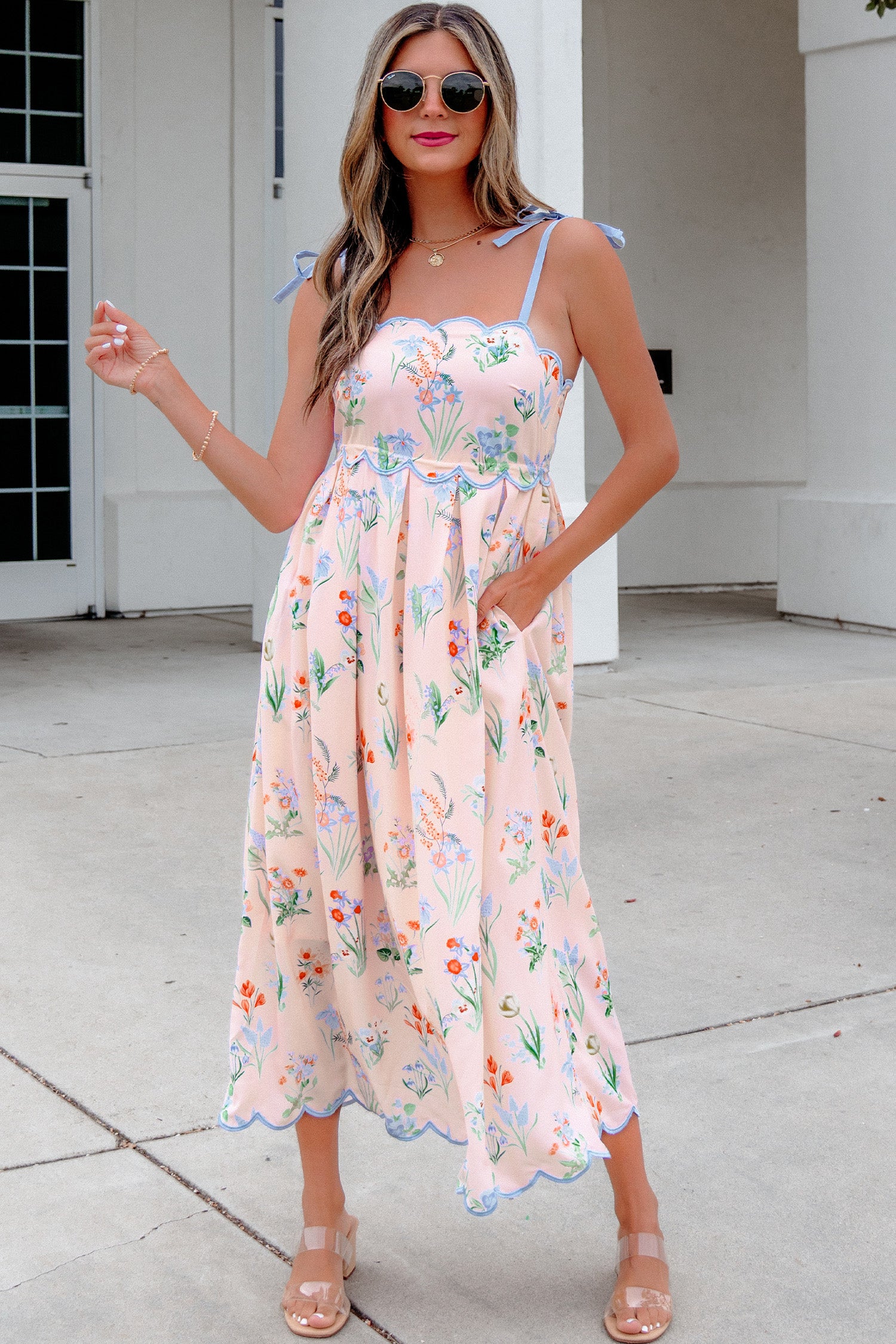 Floral Midi Dress Contrast Trim Self-Tie Straps High Waist Beige Pink Yellow