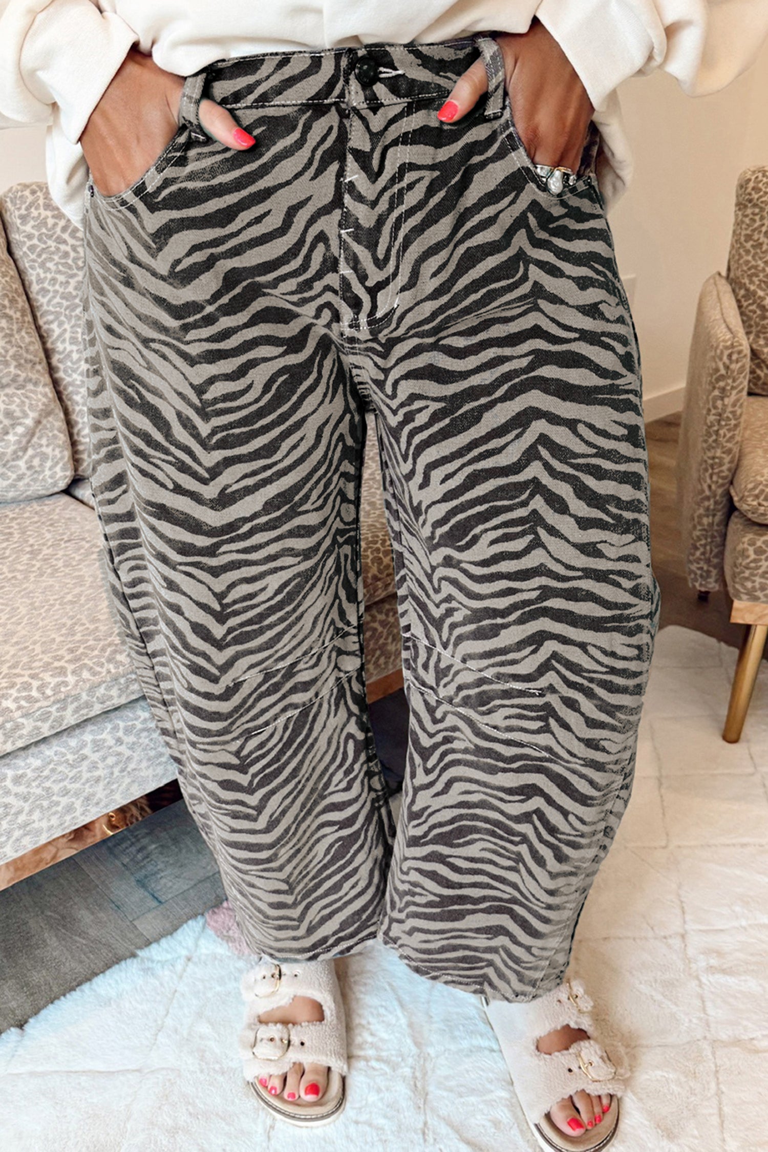 Women's Grey Zebra Print Barrel Leg Jeans Mid-Rise Wide Leg UK 4-16 at LivelyLooks