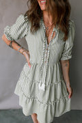 Green Stripe Tiered Dress Tasseled Tie Neck Ruffled Short Sleeve Women S-XL
