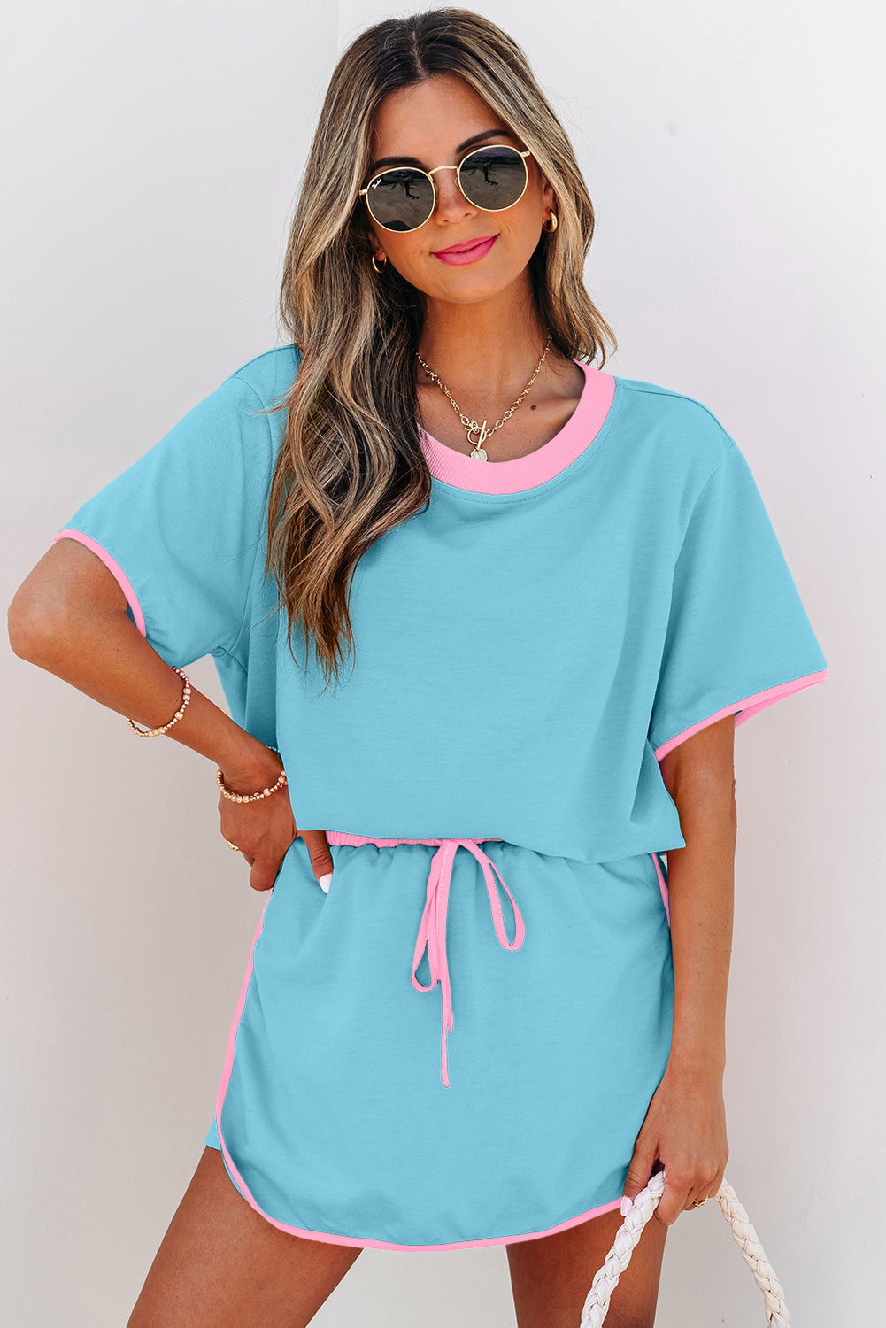 Colourblock Drop Shoulder T-Shirt & Skort 2-Piece Set Beige Black Green