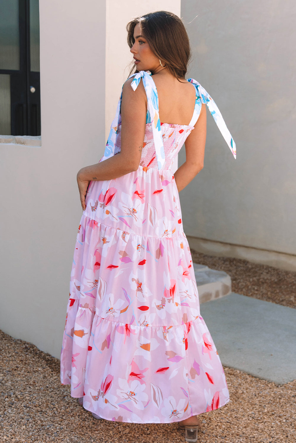 LivelyLooks Pink Floral Print Knotted Shoulder Smocked Maxi Dress Summer Boho Casual Sundress women's fashion