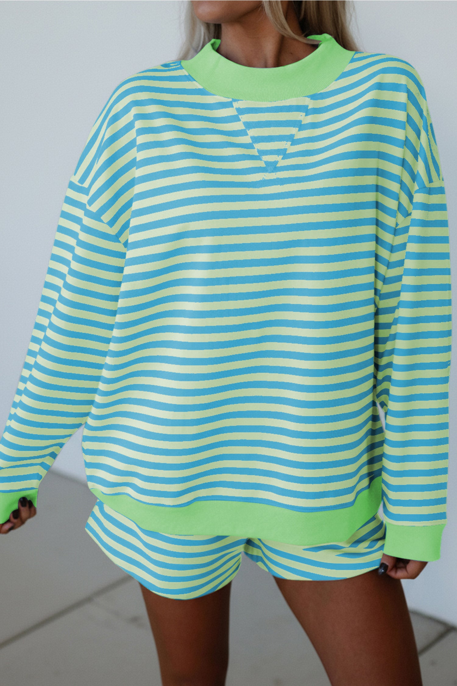 Stripe Colour Block Long Sleeve Pullover & Shorts Set | Pink, Yellow & Green Stripe