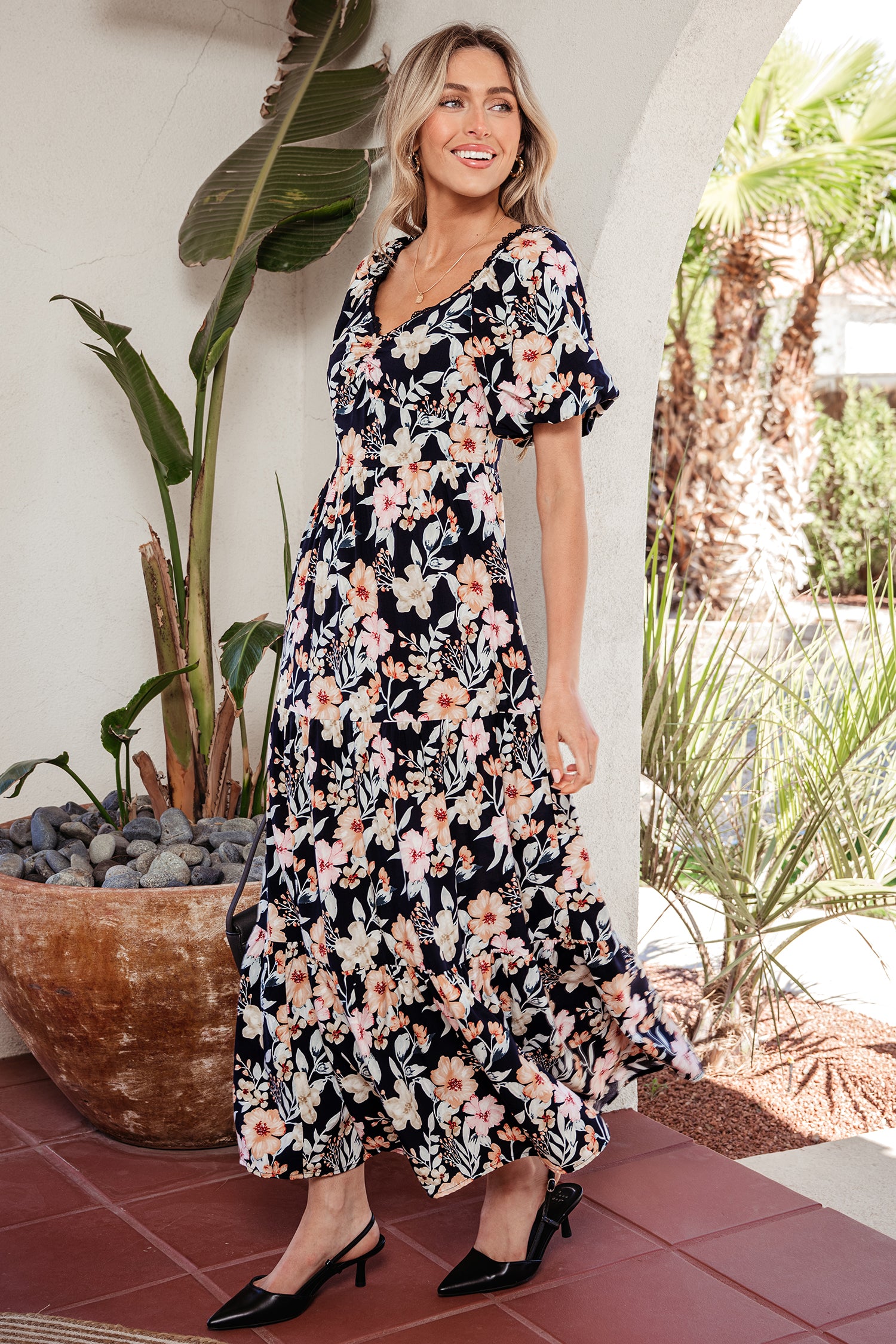 Women's Blue Floral Smocked High Waist Short Sleeve Maxi Dress at LivelyLooks