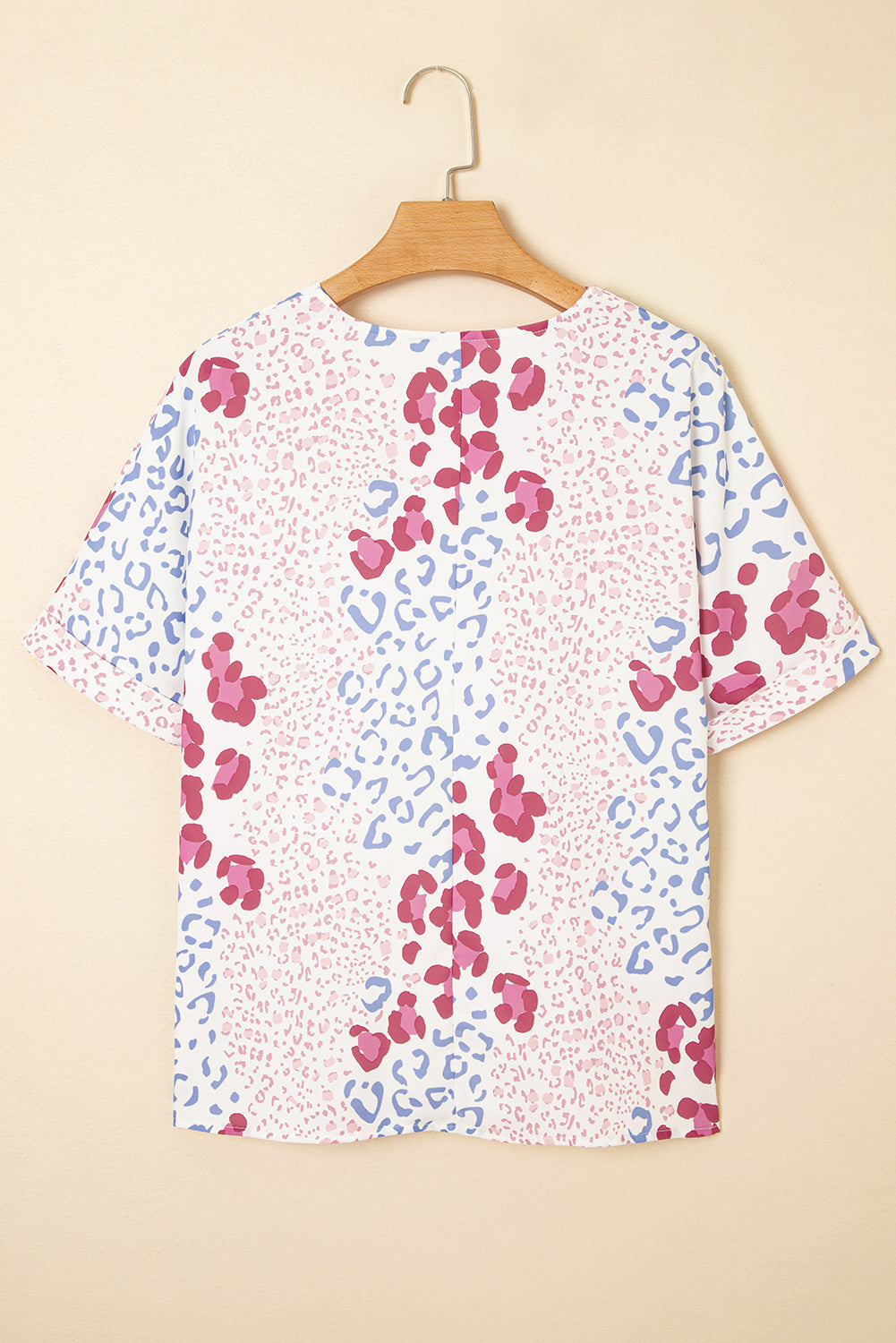 Leopard Print V Neck Blouse Short Sleeve Sky Blue Pink Green Women S-XL