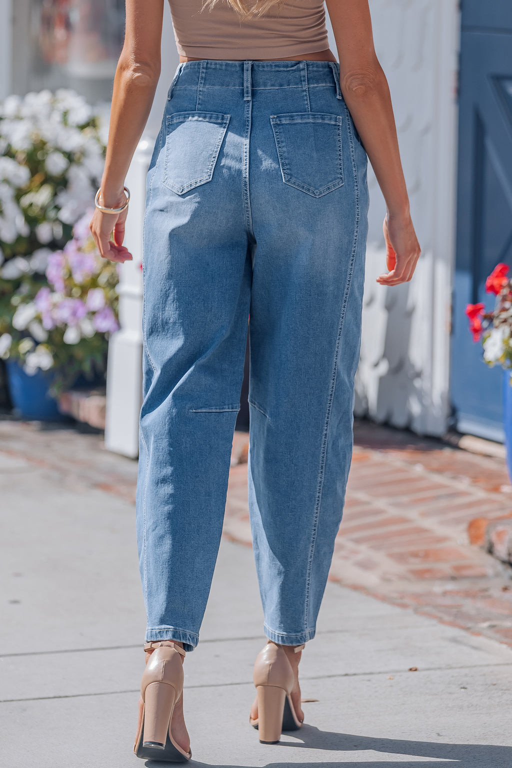 Shop Blue Medium Wash Cuffed Barrel Leg Jeans Mid-Rise Denim UK 4-16 at LivelyLooks