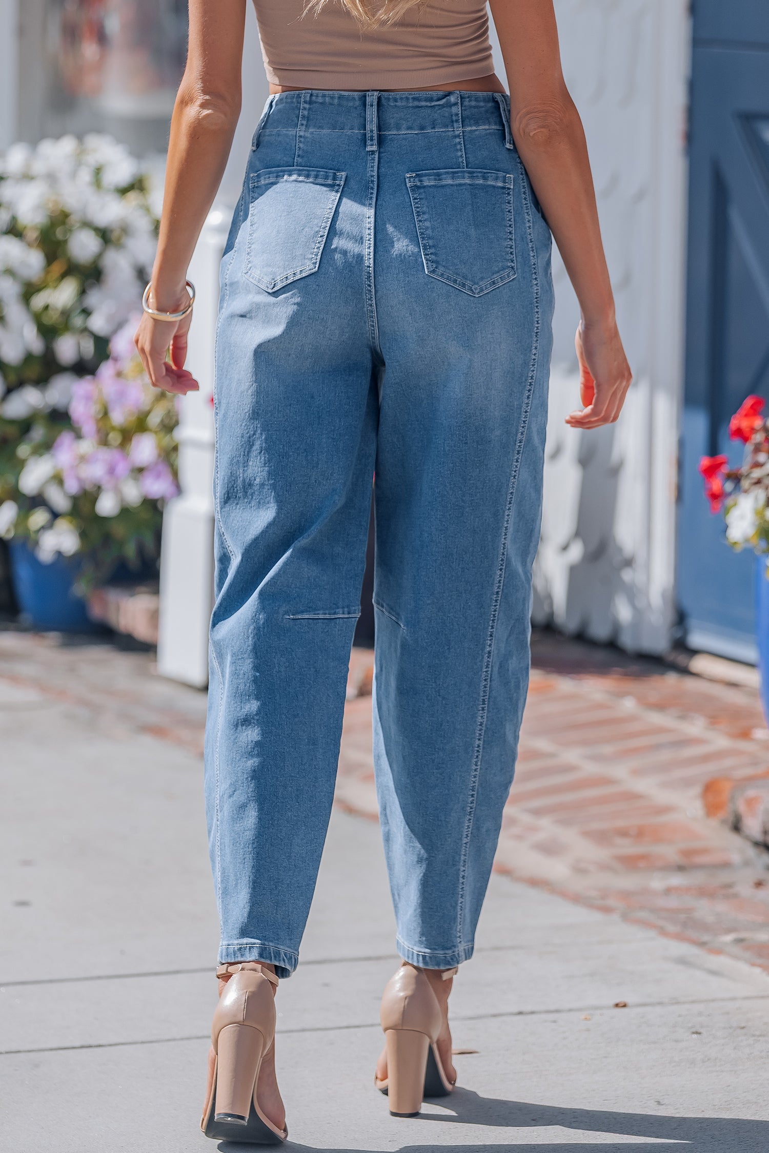 Shop Blue Medium Wash Cuffed Barrel Leg Jeans Mid-Rise Denim UK 4-16 at LivelyLooks