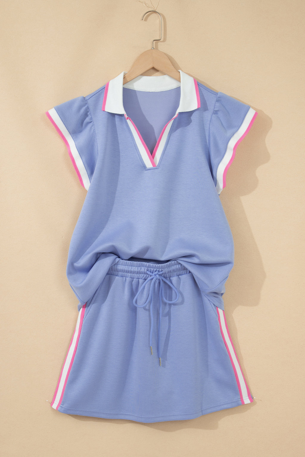 Preppy Striped Trim V-Neck Polo Tee & Drawstring Skirt Set – Sky Blue & Black