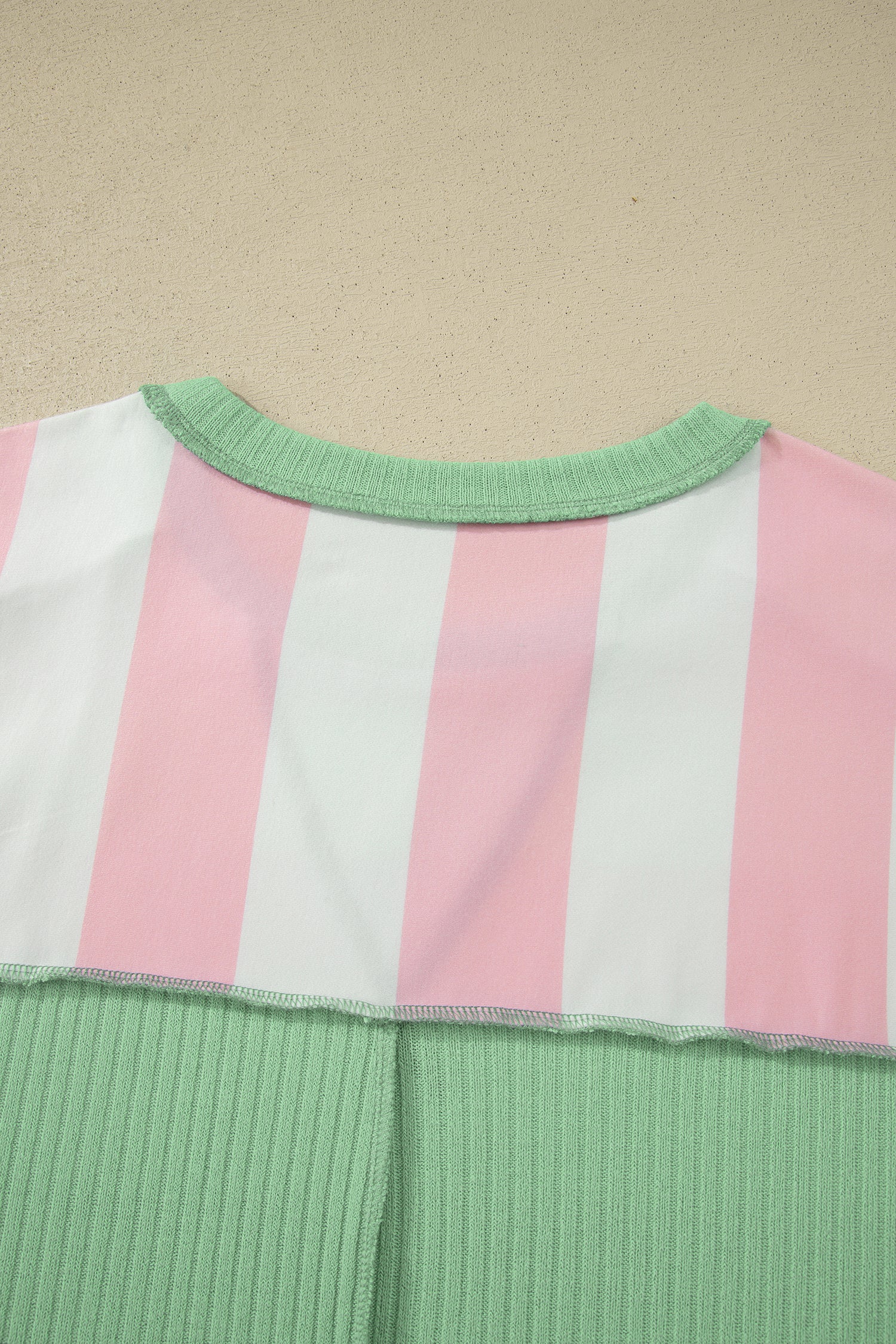 Stripe Colourblock Ribbed Patchwork Exposed Seam Oversized Tee | Pink & Green