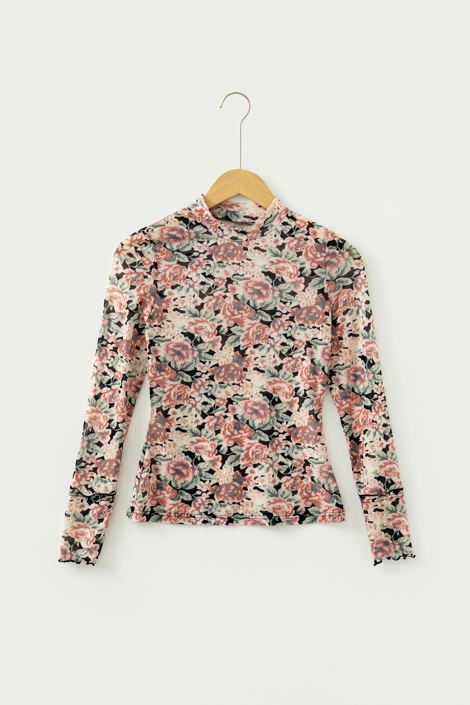 Shop White Retro Floral Mesh Mock Neck Long Sleeve Top at LivelyLooks