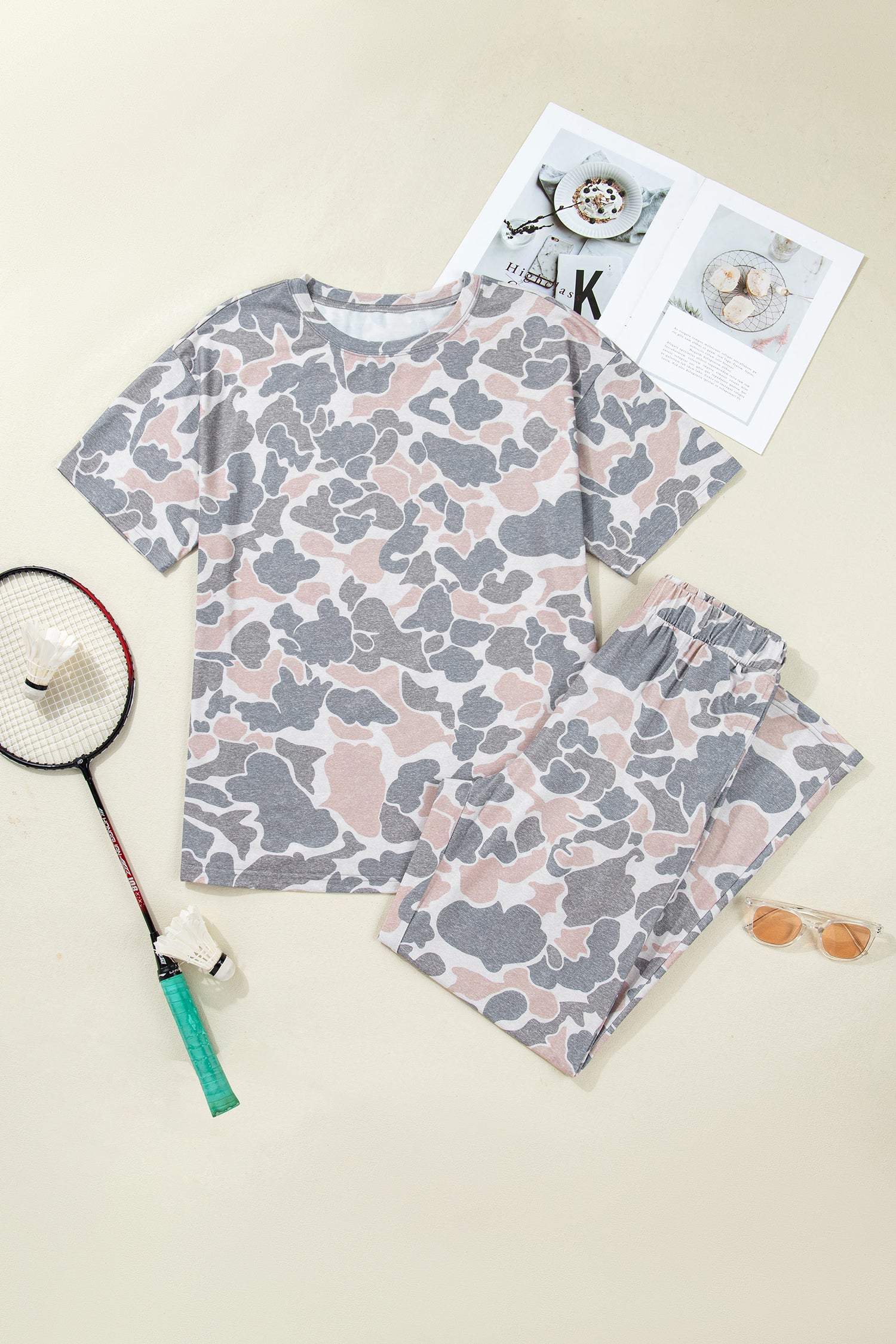 Multicolour Camouflage Short Sleeve Top & High Waist Wide Leg Pants Set | UK 8–22