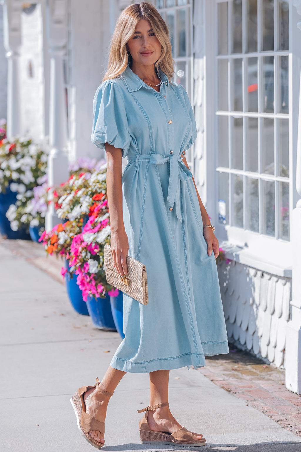 Women's Blue Button-Down Collared Bubble Sleeve Long Denim Dress at LivelyLooks