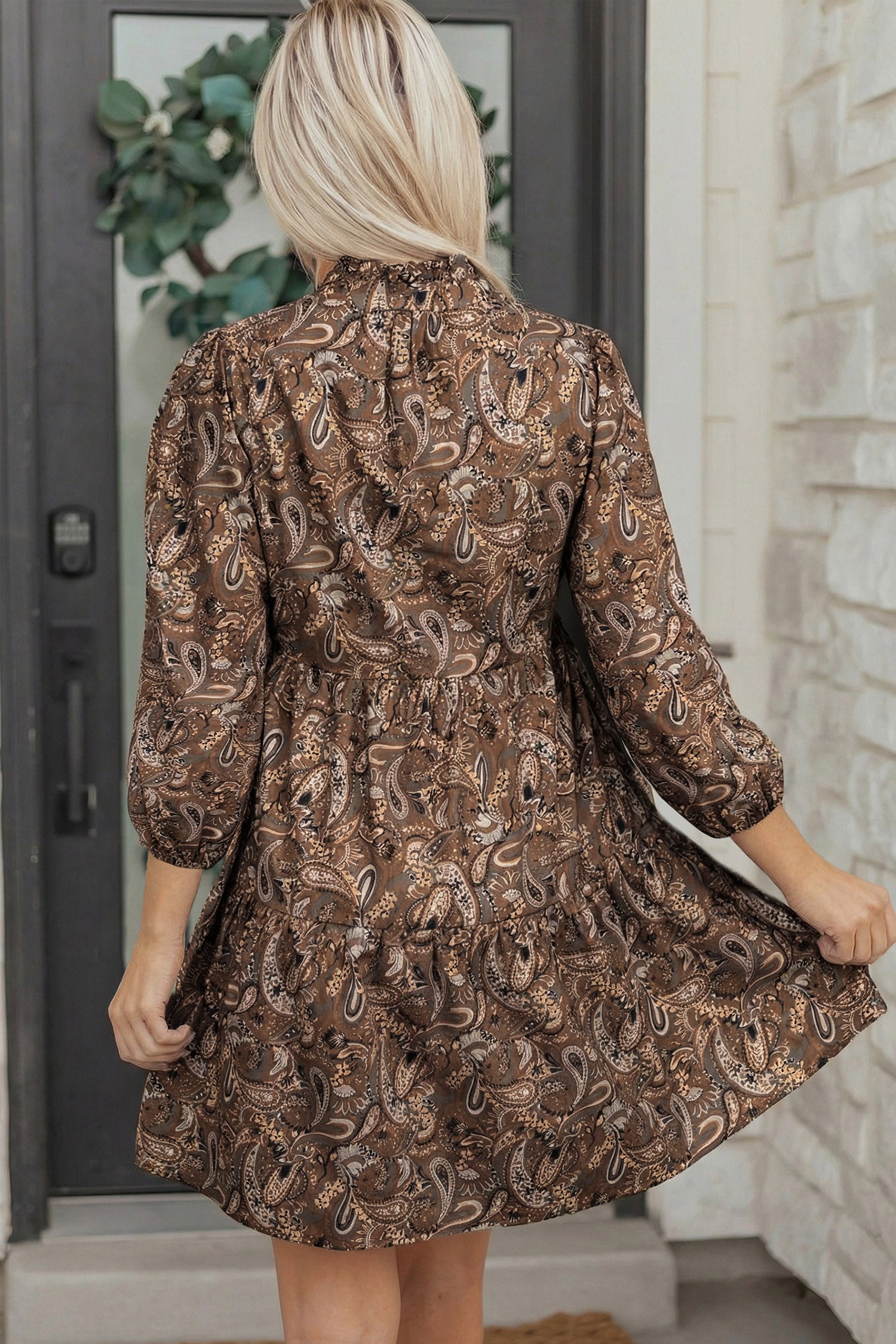 Brown Paisley Print Mini Dress Puff Sleeve Half Button Flowy Women S-XL