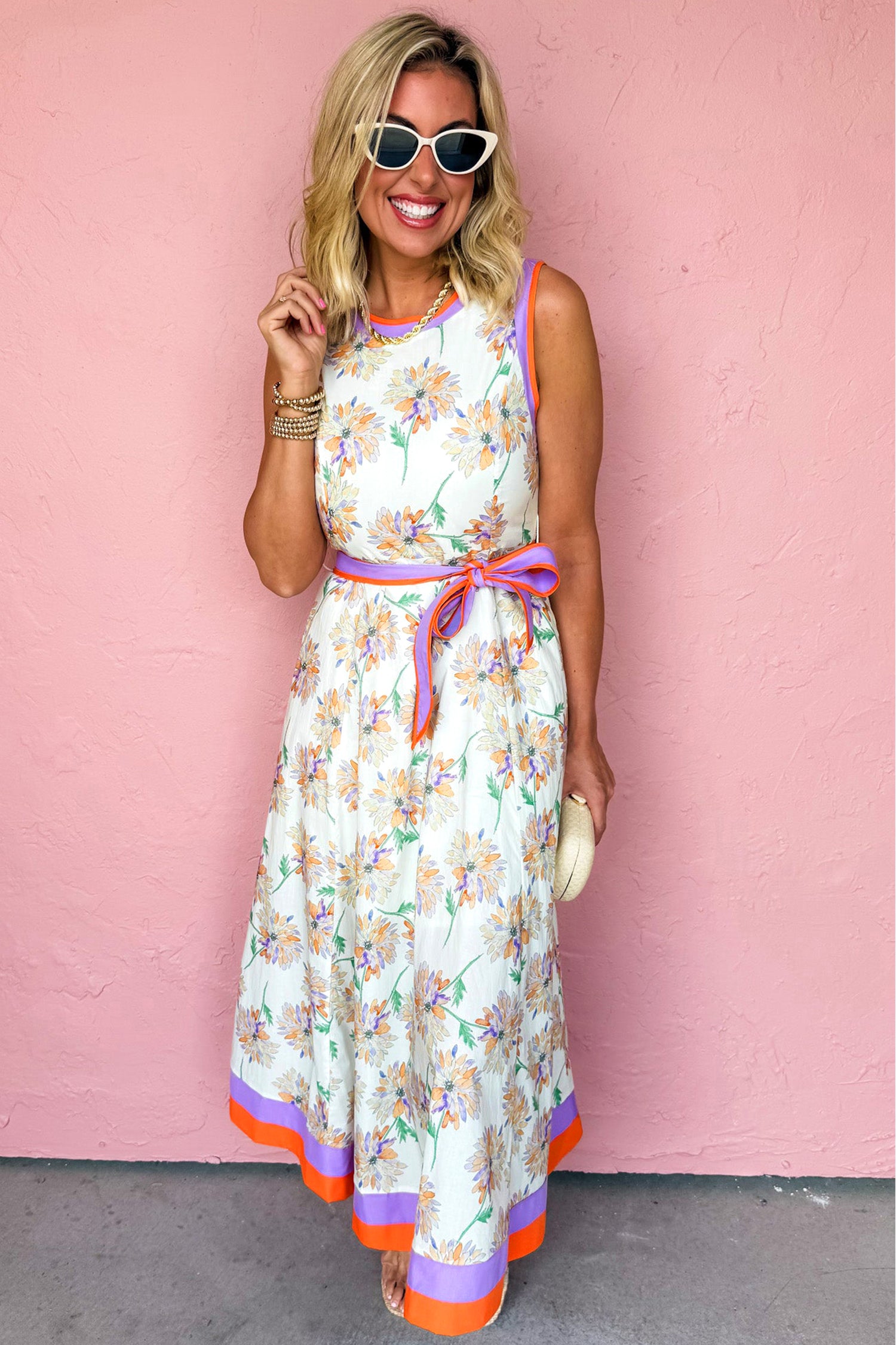 Women's White Floral Print Colour Block Trim Belted Sleeveless Maxi Dress at LivelyLooks
