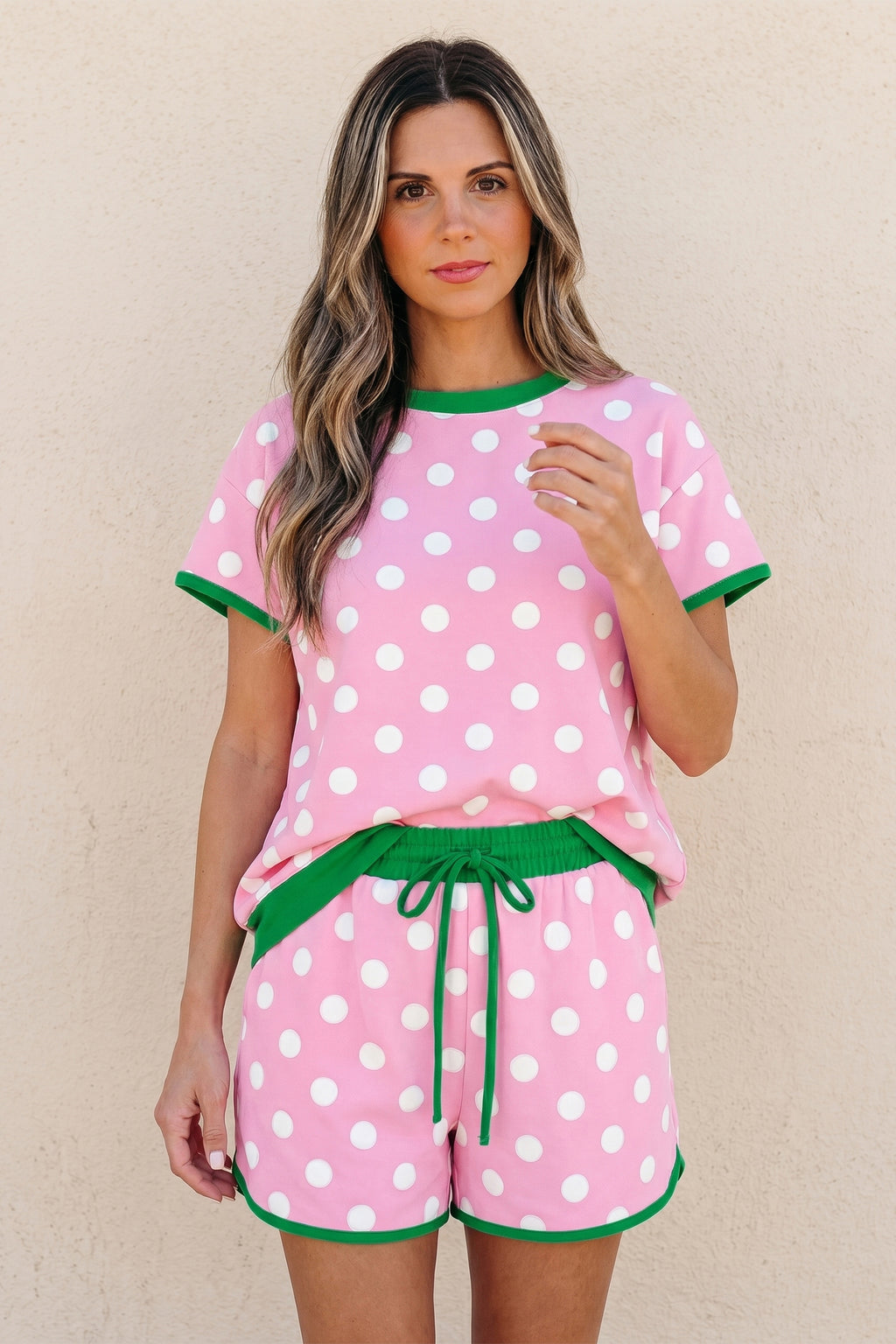 Polka Dot Contrast Edge Casual Short Set Pink Sky Blue Women S-XL