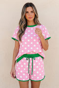 Polka Dot Contrast Edge Casual Short Set Pink Sky Blue Women S-XL