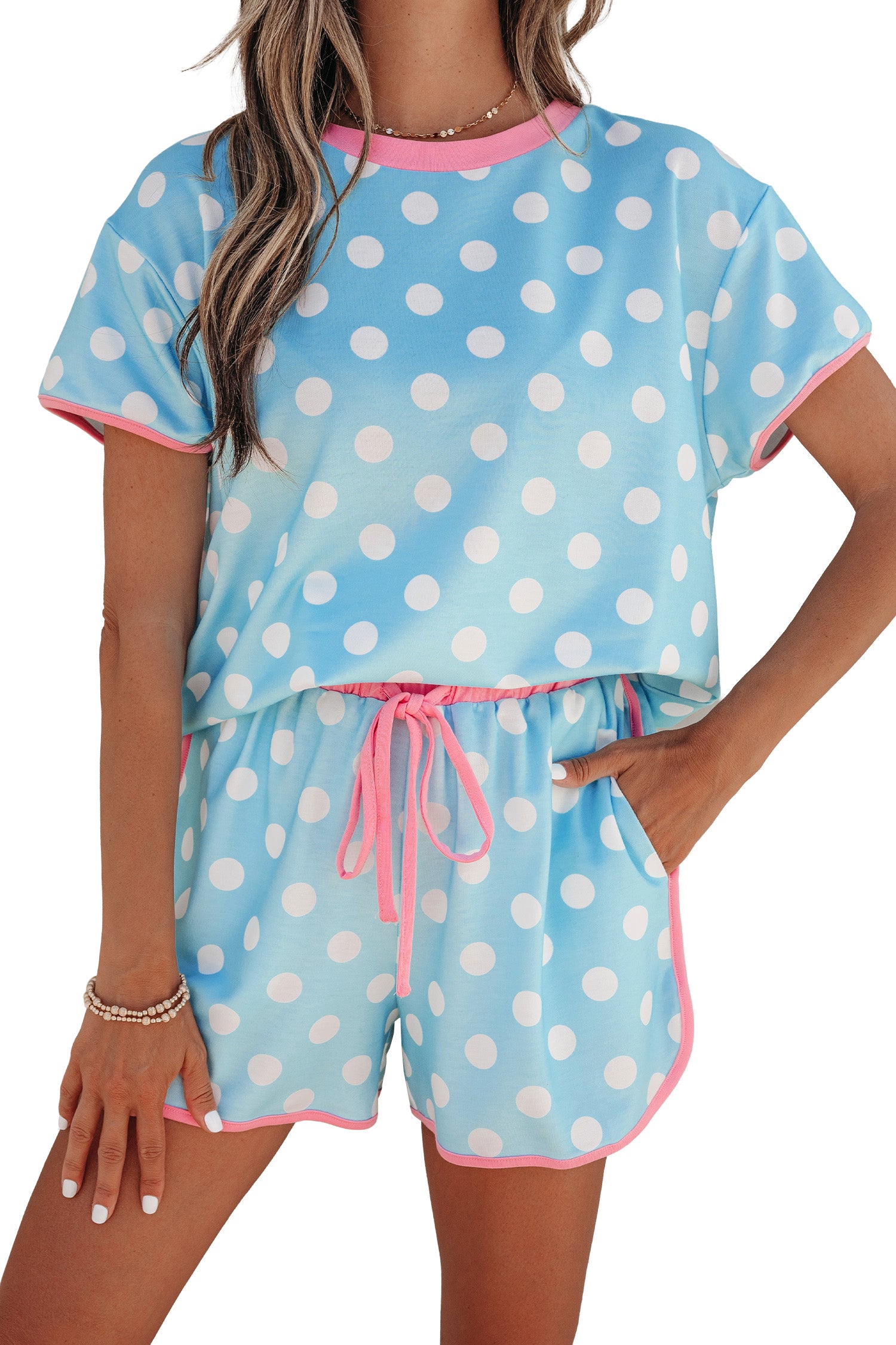 Polka Dot Contrast Edge Casual Short Set Pink Sky Blue Women S-XL