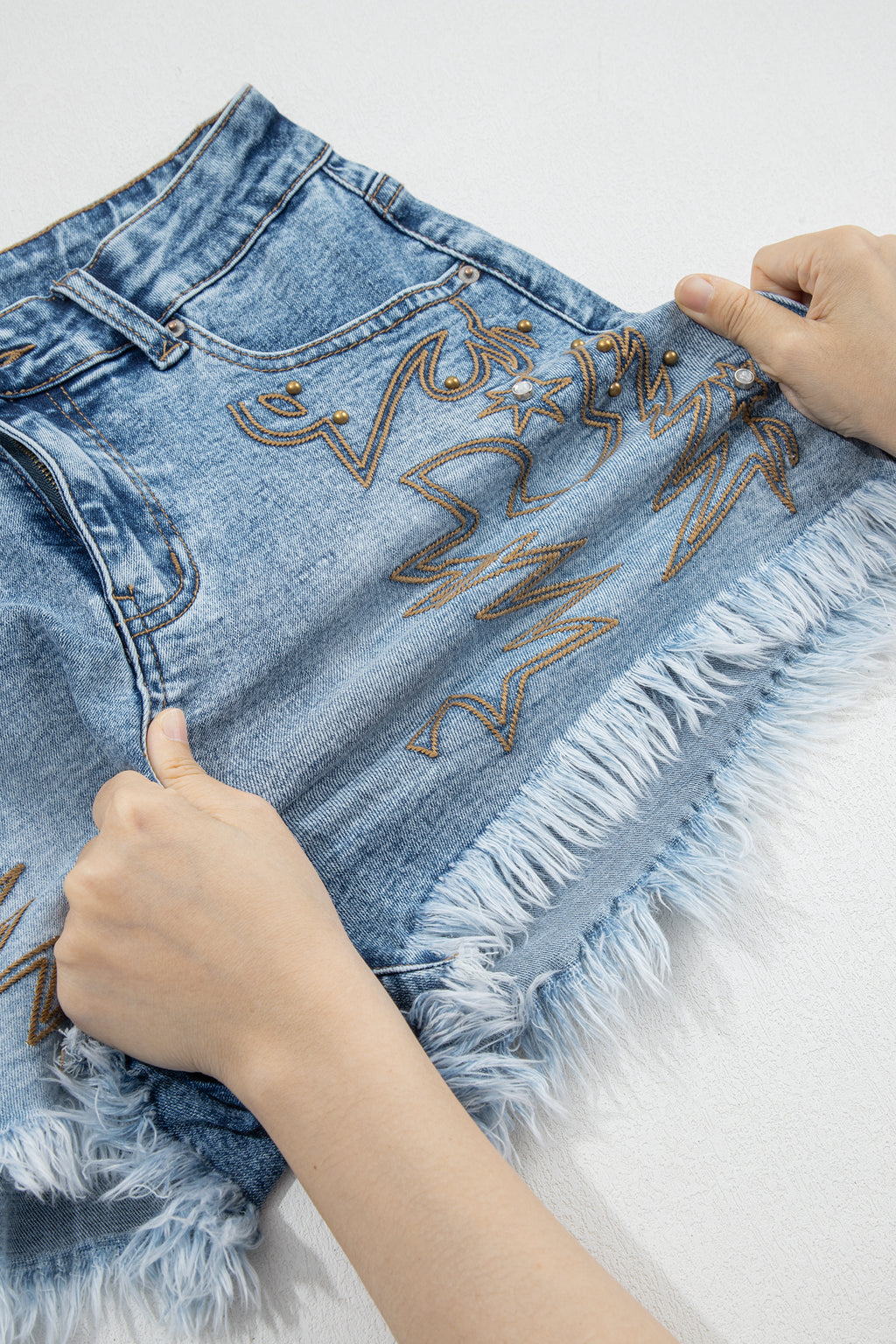 Dusk Blue Western Embroidery Denim Shorts Stud Detail Frayed Hem Women UK 4-16