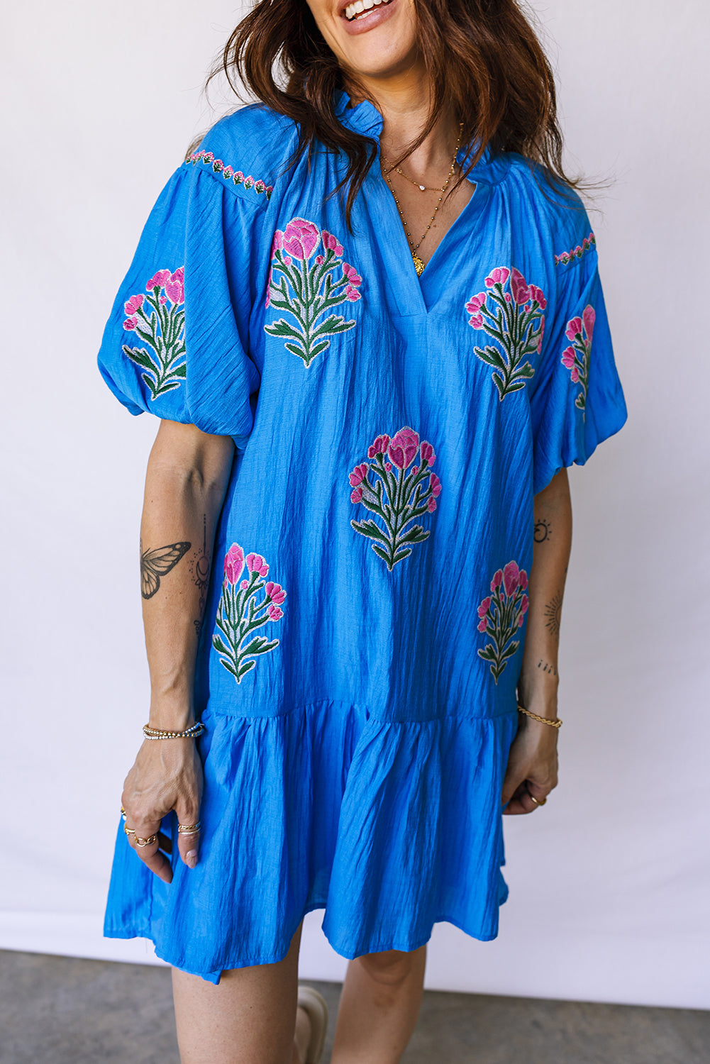 Blue Flower Embroidered Split Neck Puff Sleeve Ruffle Hem Mini Dress S-XL
