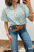 Floral Textured Jacquard Puff Sleeve Blouse Iceland Blue Beige Apricot Pink S-XL