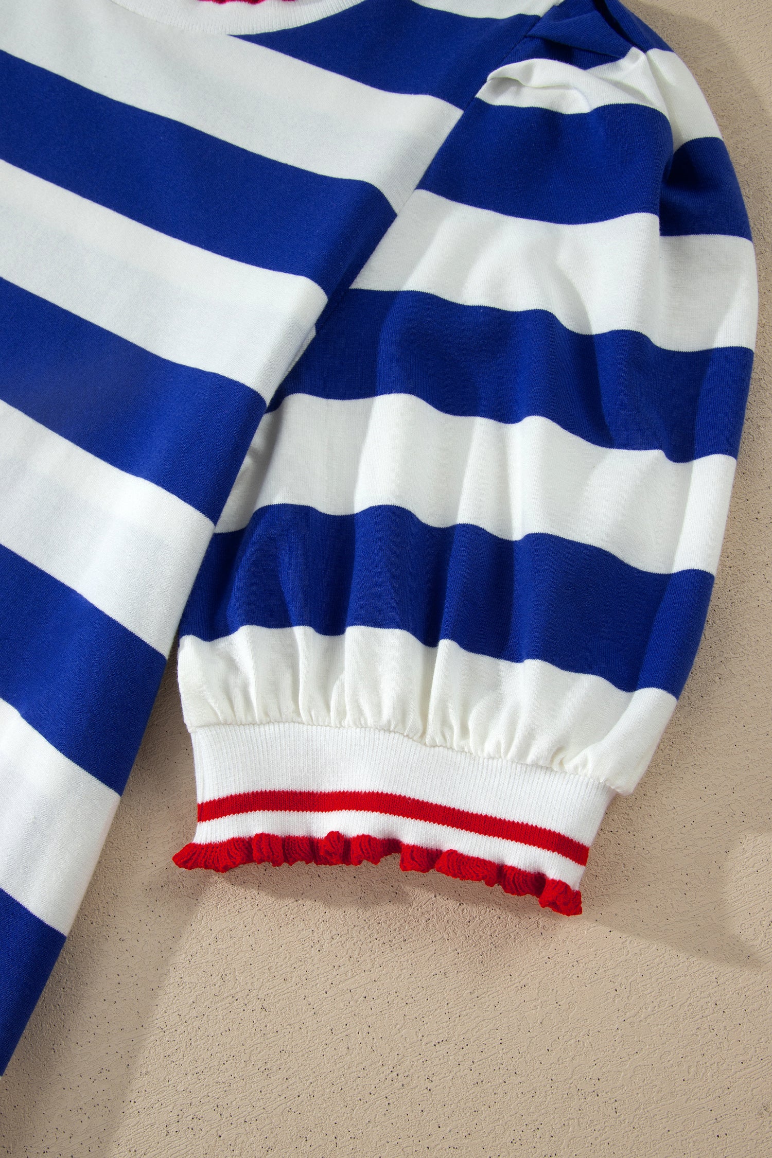 Women's Blue Stripe Contrast Trim Puff Sleeve Shift Mini Dress Stretch S-XL at LivelyLooks