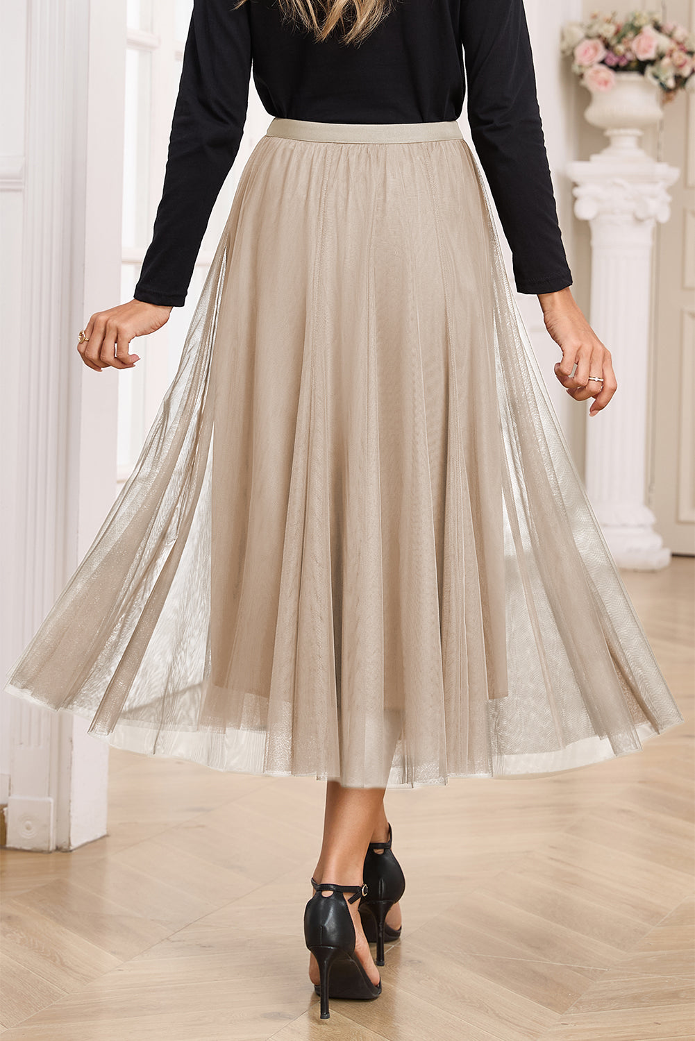 Women's Women's Tulle Flared Midi Skirt Layered Mesh Overlay Green Beige S-XL at LivelyLooks