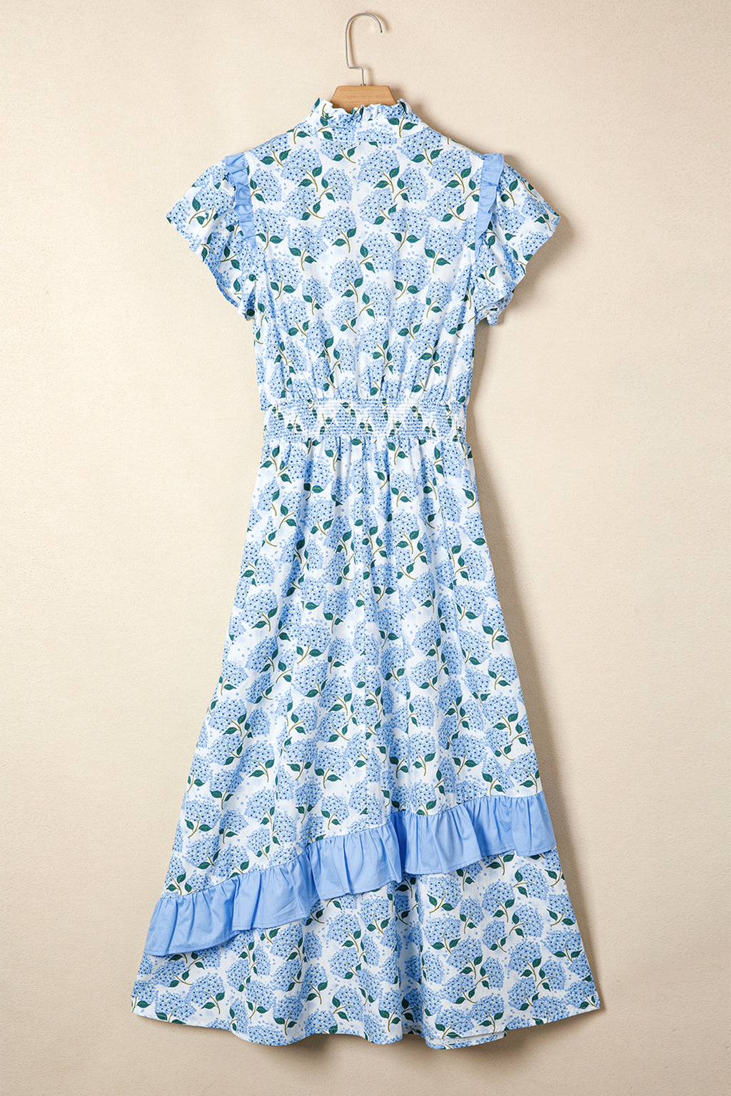 Shop Sky Blue Hydrangea Floral Ruffle Trim Flutter Sleeve Maxi Dress at LivelyLooks
