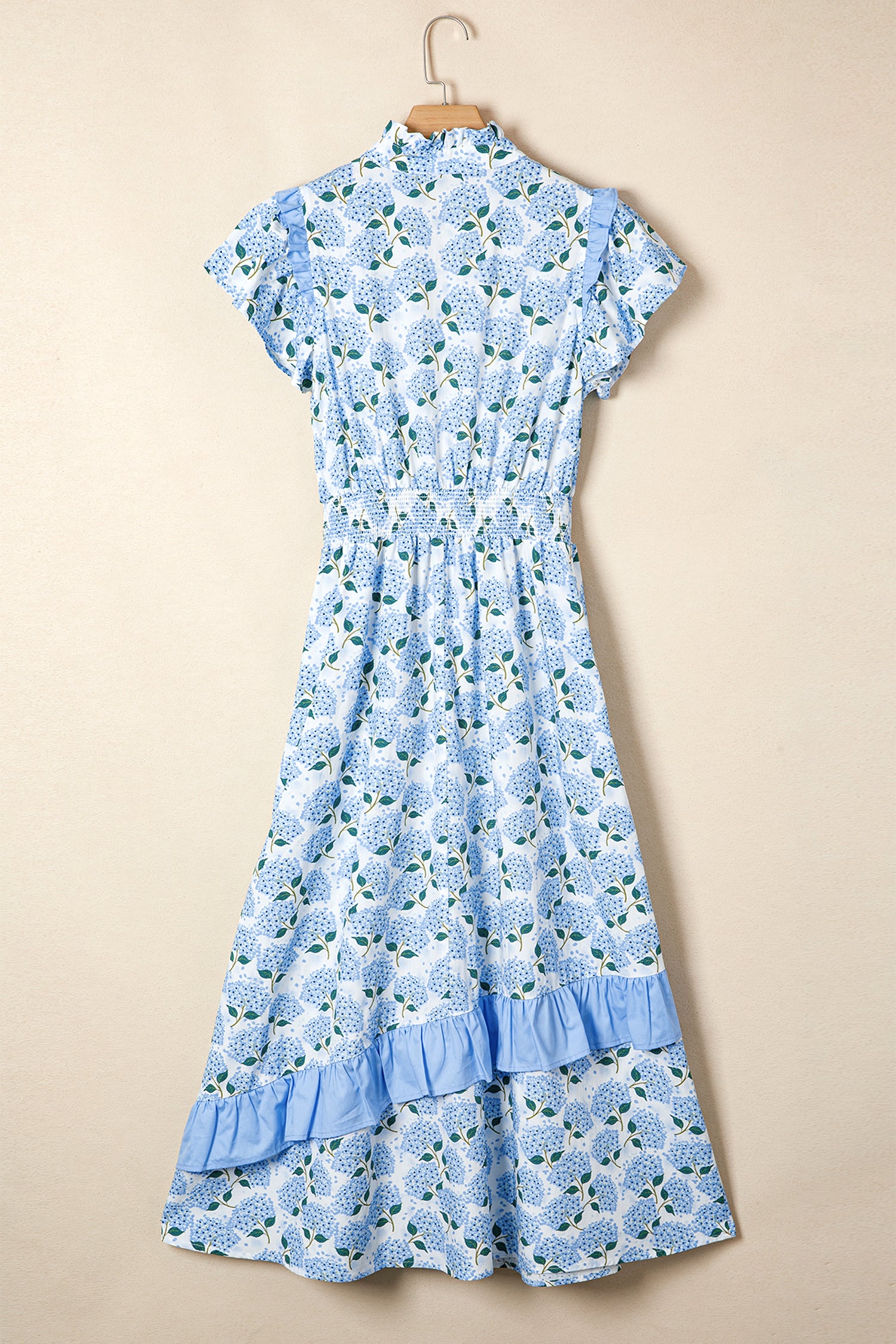 Shop Sky Blue Hydrangea Floral Ruffle Trim Flutter Sleeve Maxi Dress at LivelyLooks