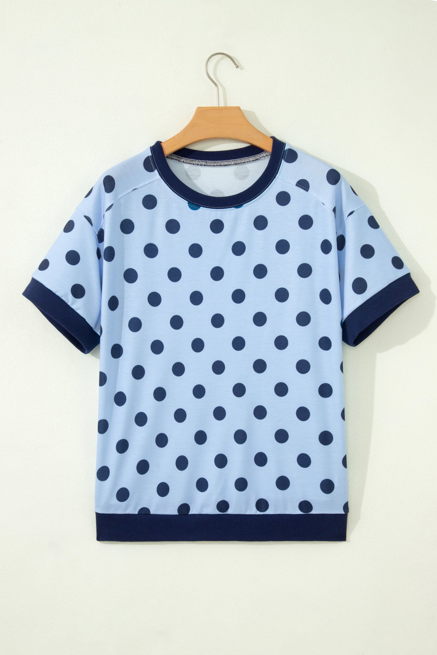 Women's Pink Color Block Trim Polka Dot Casual Tee at LivelyLooks