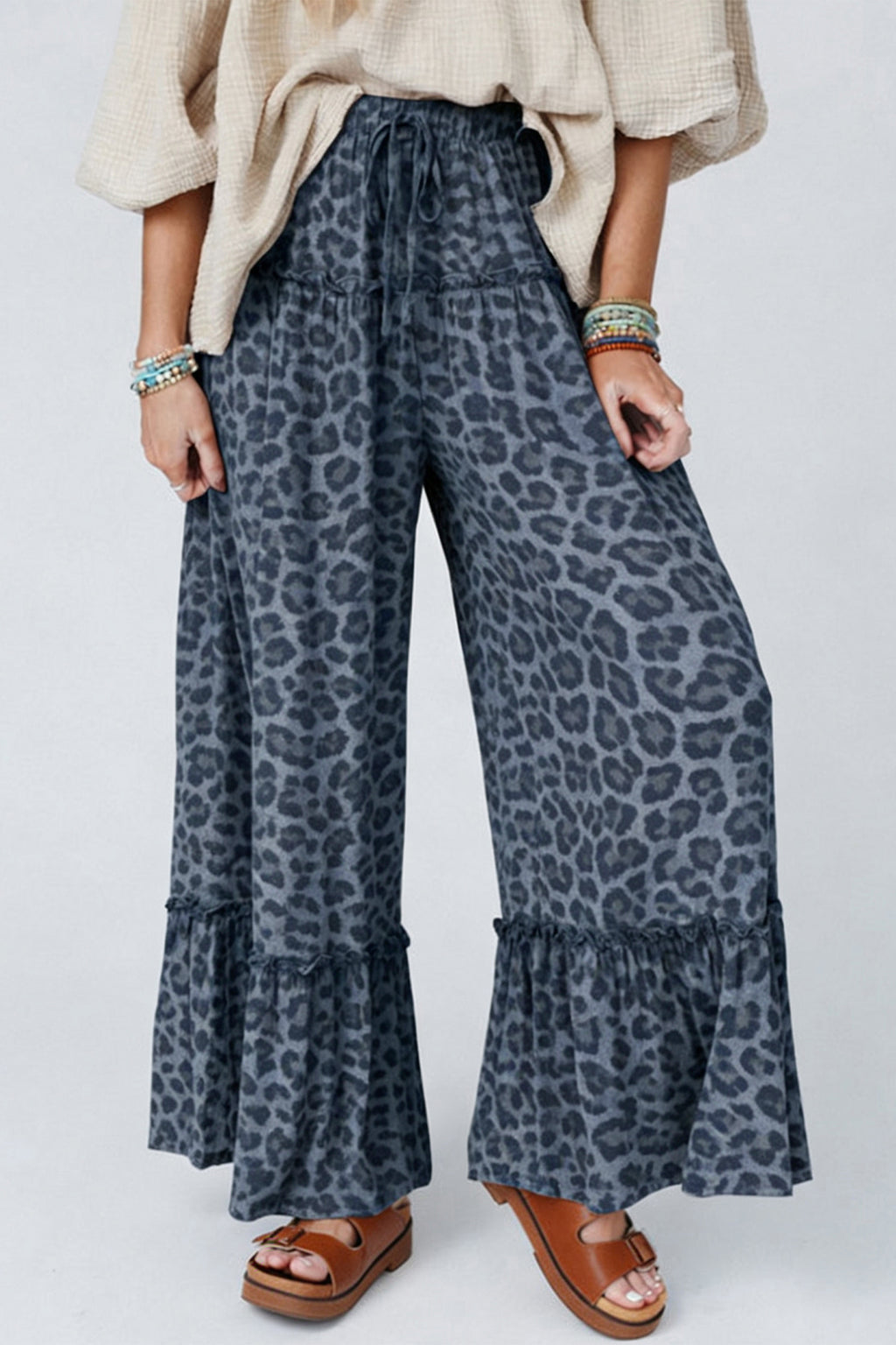 Grey Leopard Print Frilled Drawstring Wide Leg Trousers