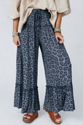 Grey Leopard Print Frilled Drawstring Wide Leg Trousers