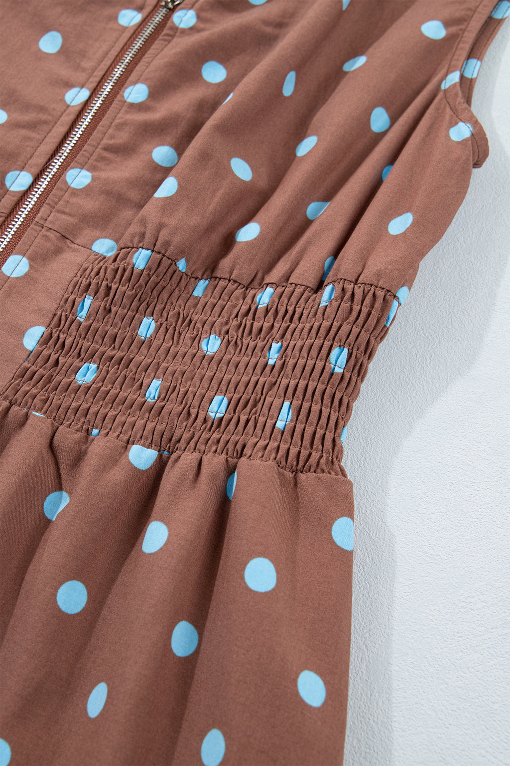 Brown & Black Polka Dot Contrast Trim V Neck Zip Up Sleeveless Dress S-XL