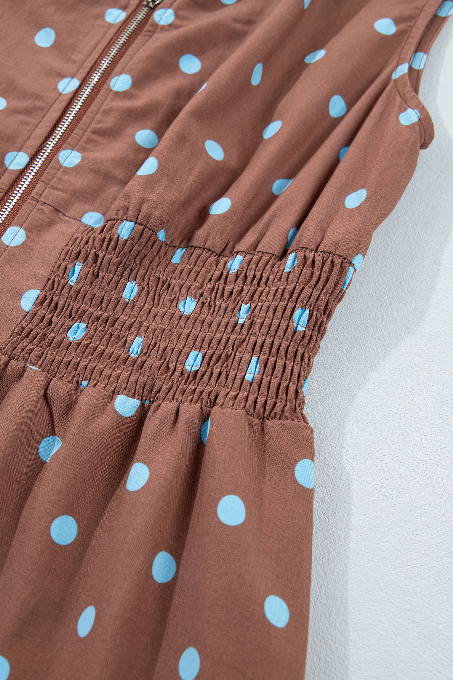 Brown & Black Polka Dot Contrast Trim V Neck Zip Up Sleeveless Dress S-XL