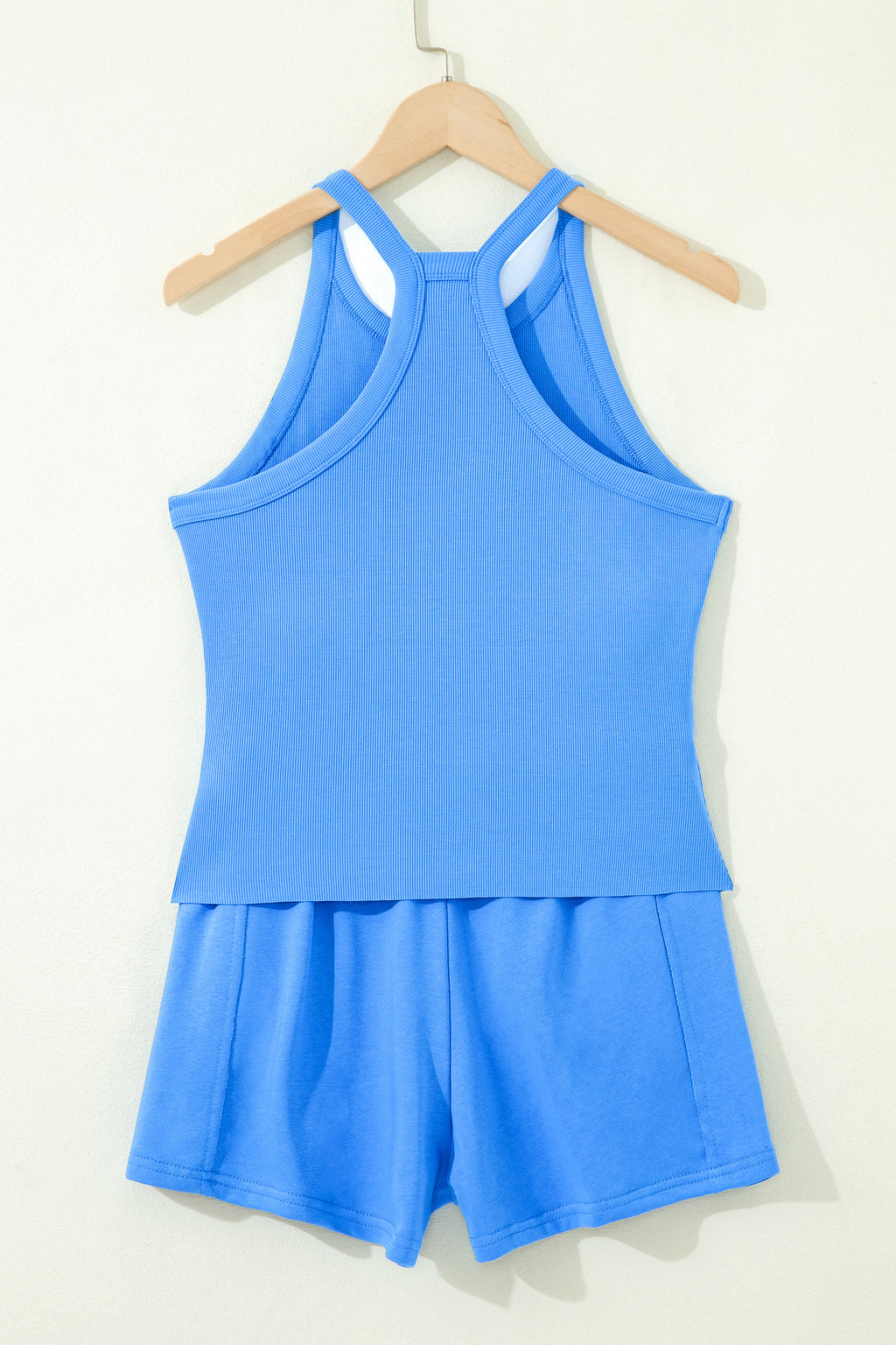 Ribbed Slim Tank Top & High Waist Shorts Set – Sky Blue, Pink & Green