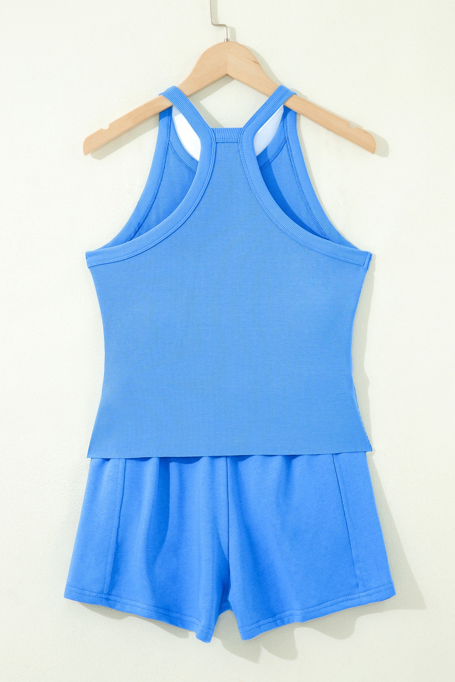 Ribbed Slim Tank Top & High Waist Shorts Set – Sky Blue, Pink & Green