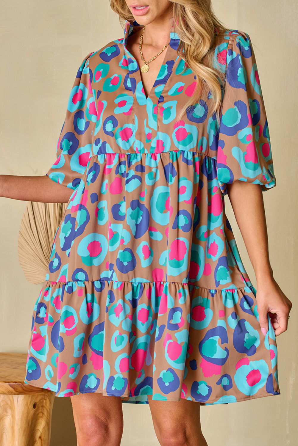 Women's Green Leopard Print Bubble Sleeve Slit Neck Ruffled Mini Dress at LivelyLooks