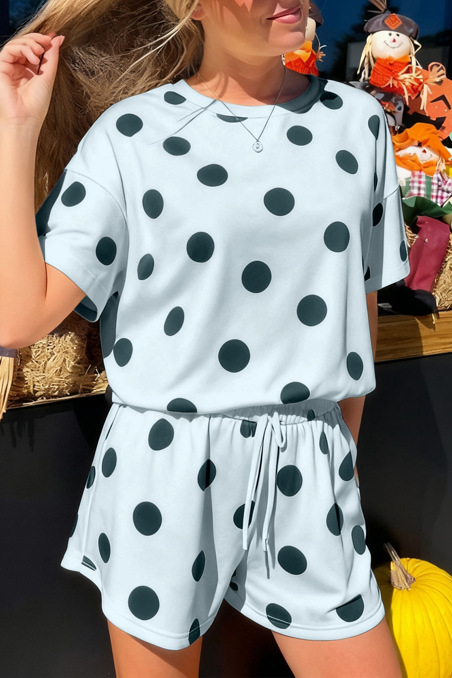 Polka Dot Print Tee & Shorts Co-ord Set | Pink, Black & Sky Blue