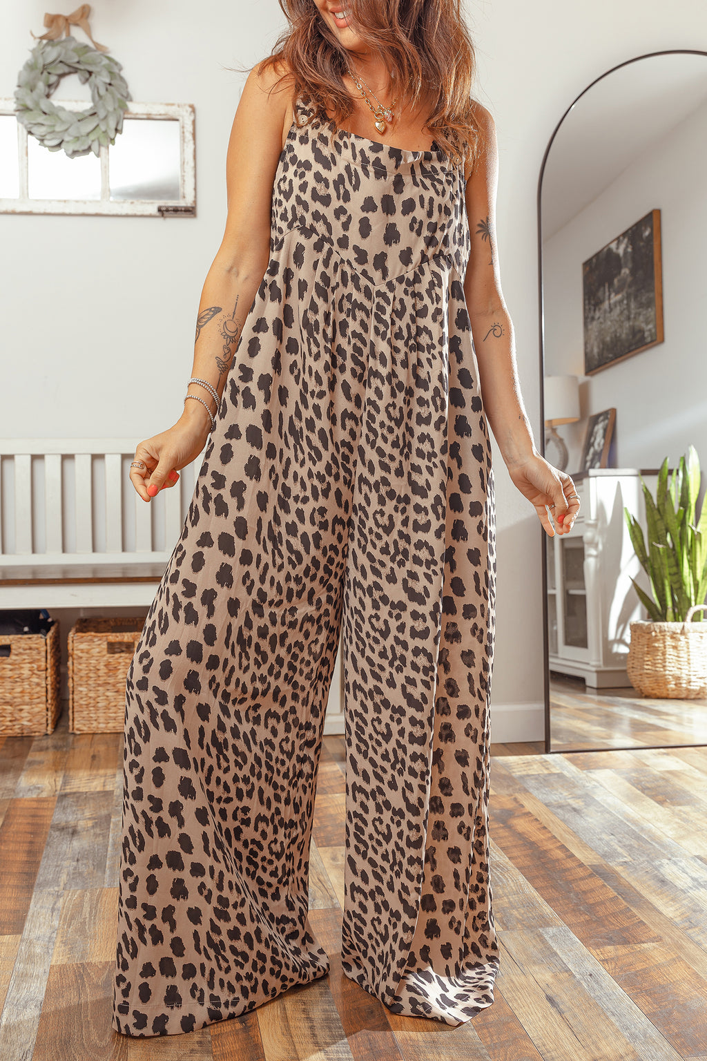 Leopard Print Square Neck Pleated Wide Leg Jumpsuit – Khaki