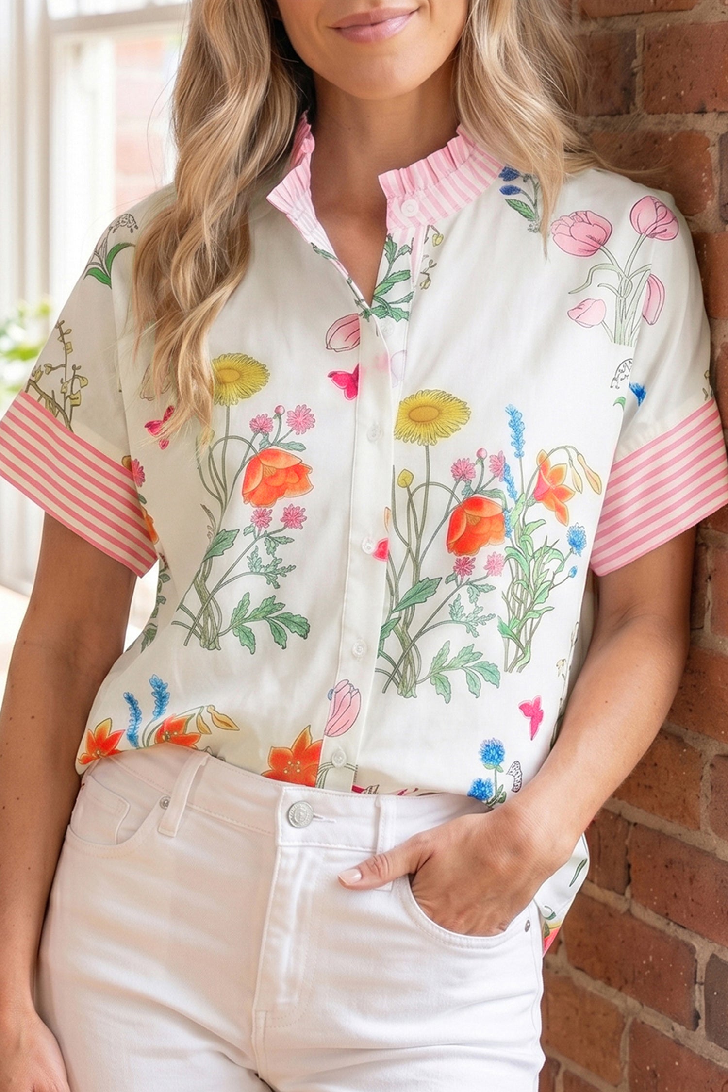 Floral Striped Ruffled Collar Shirt Short Sleeve Beige Sky Blue UK 8-22