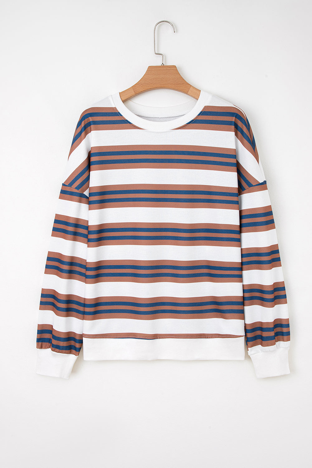 Khaki & Brown Stripe Crew Neck Drop Shoulder Pullover Sweatshirt